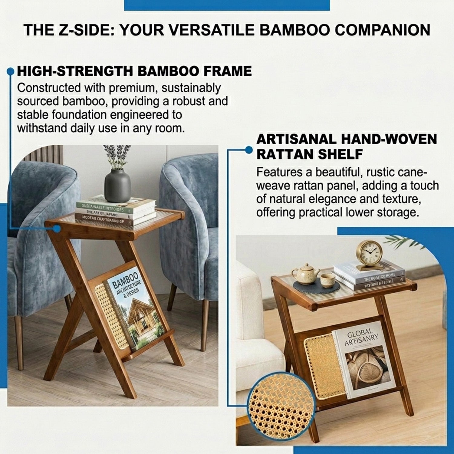 Z Shaped Boho Bamboo End Table with Tempered Glass Top Furniture Home