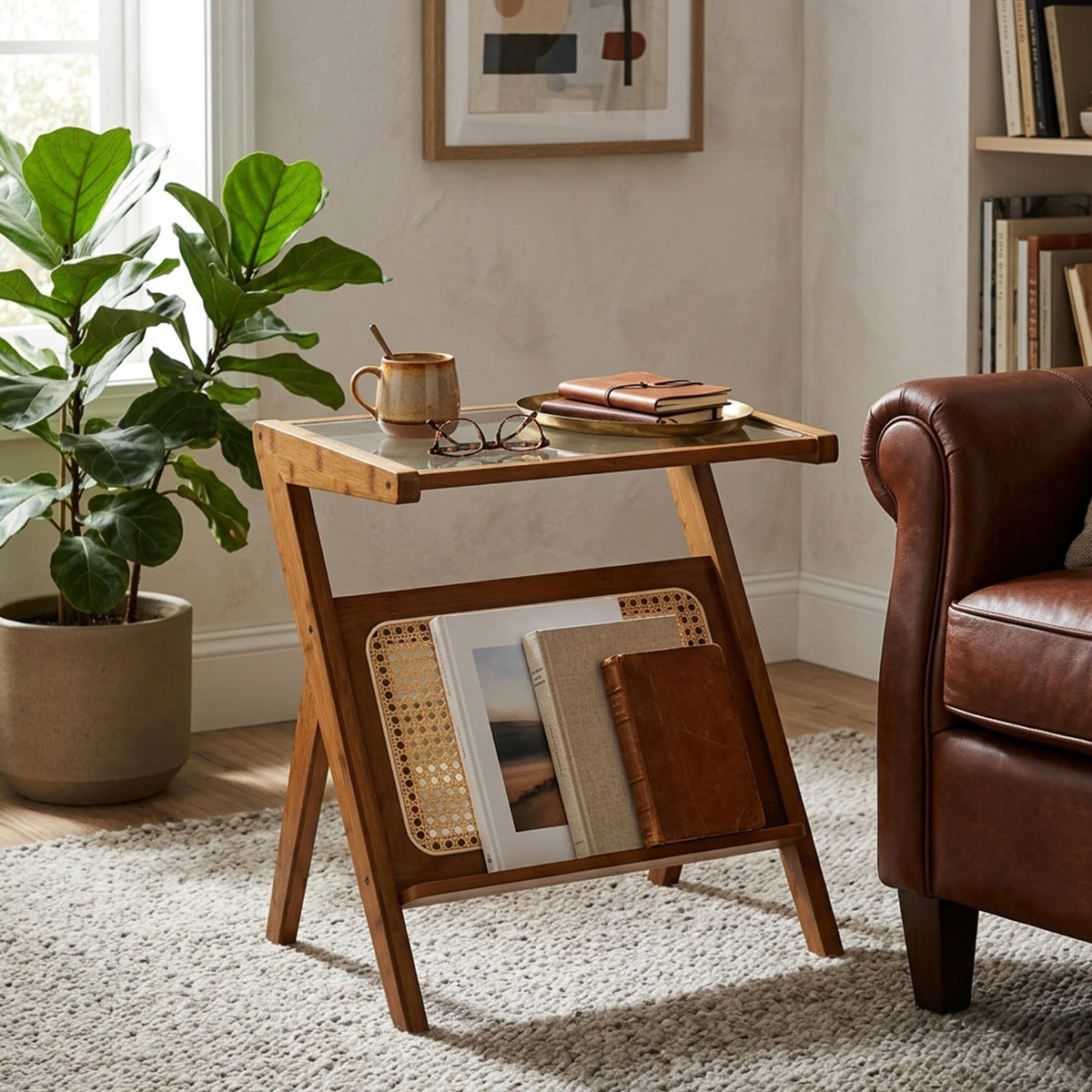 Z Shaped Boho Bamboo End Table with Tempered Glass Top Furniture Home