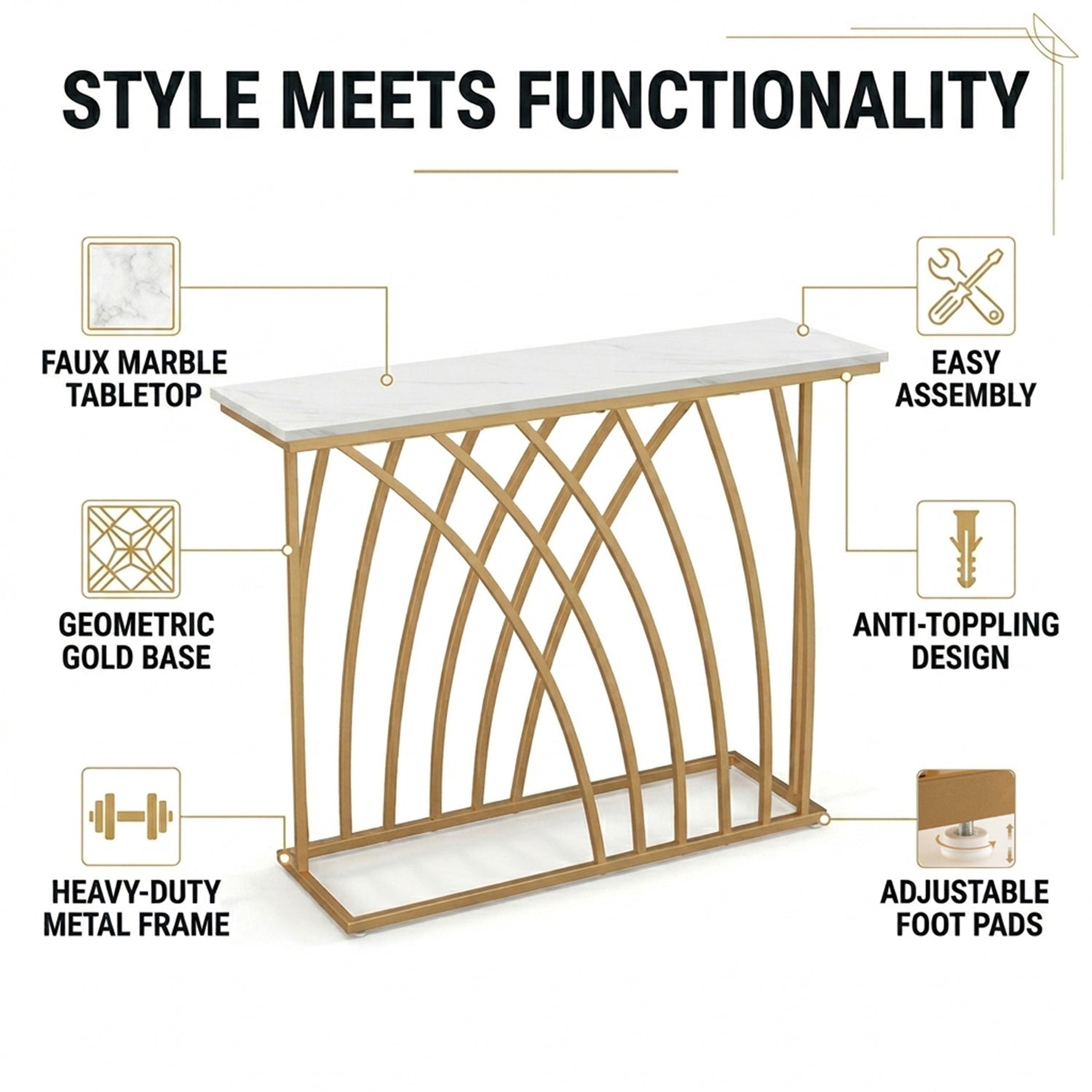 120cm Console Table with Faux Marble Tabletop Furniture Home Décor