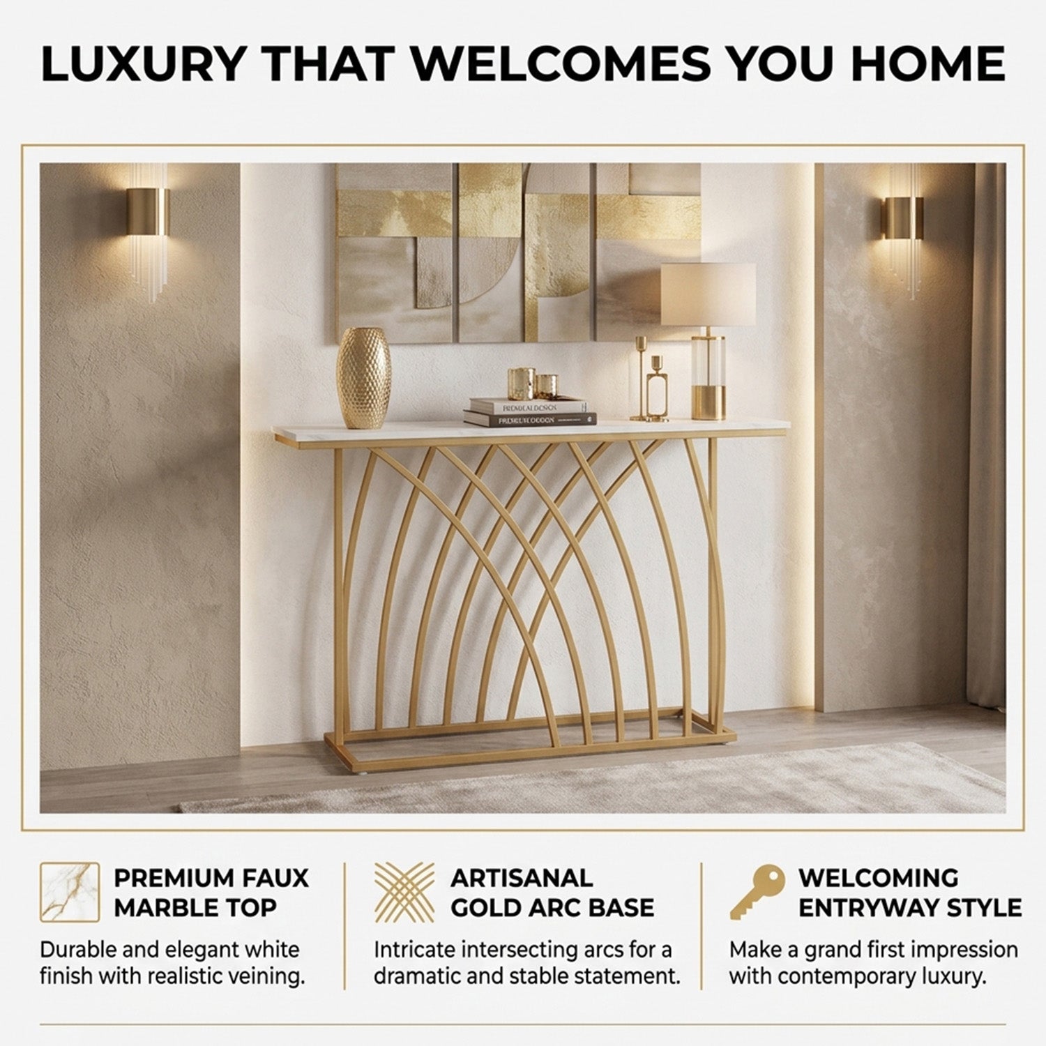 120cm Console Table with Faux Marble Tabletop Furniture Home Décor