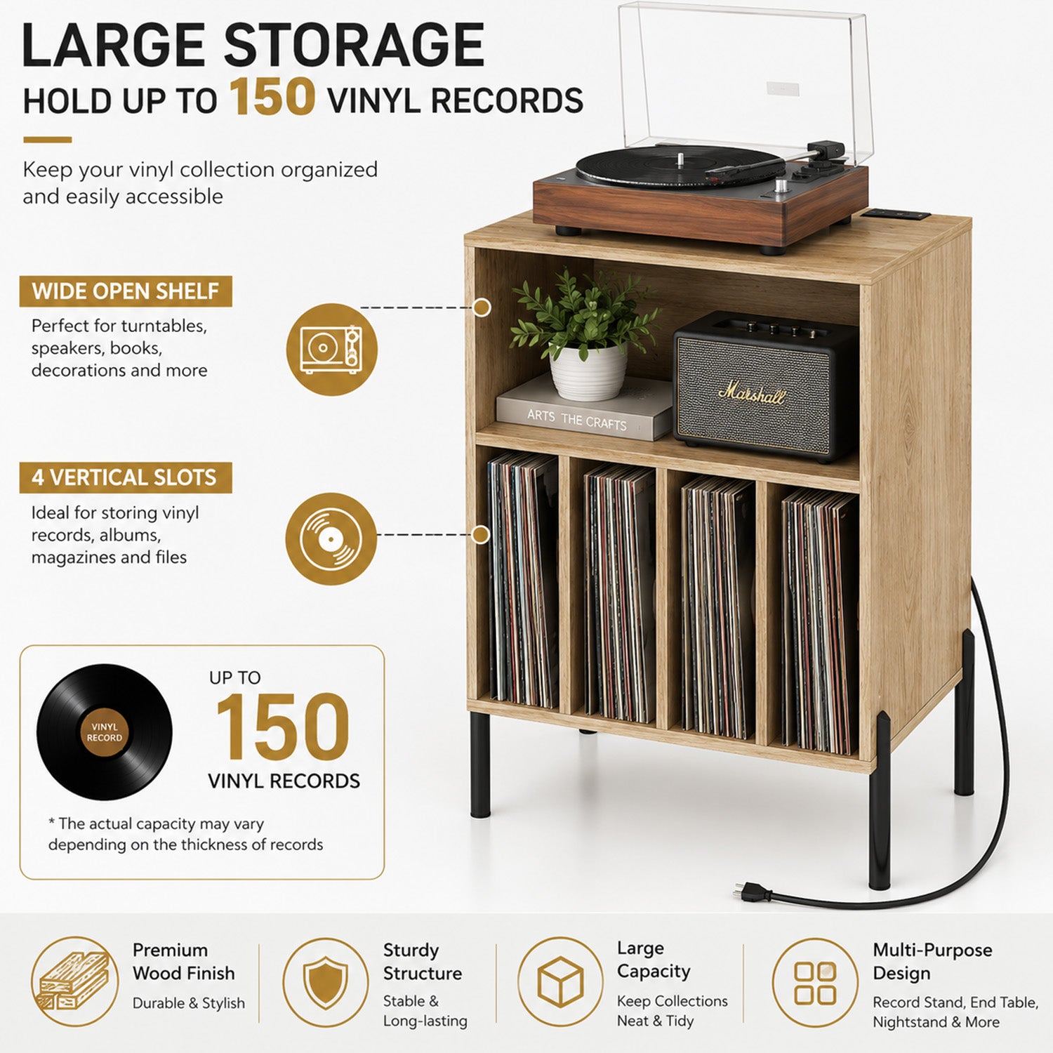 Record Player Stand with Record Storage Shelf Furniture Home Media