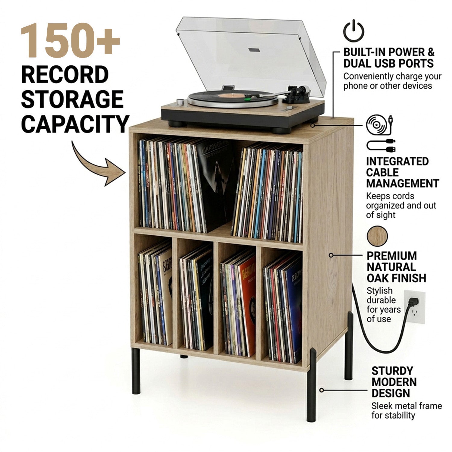 Record Player Stand with Record Storage Shelf Furniture Home Media
