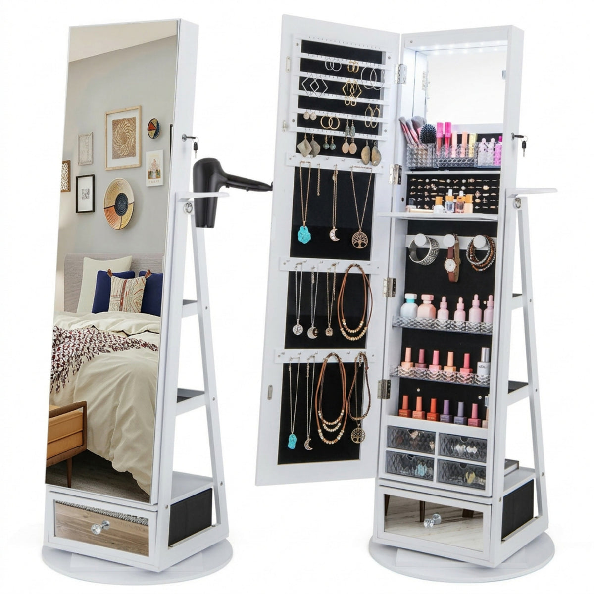 360 Degree Swivel Jewelry Cabinet with Full Length Mirror Furniture