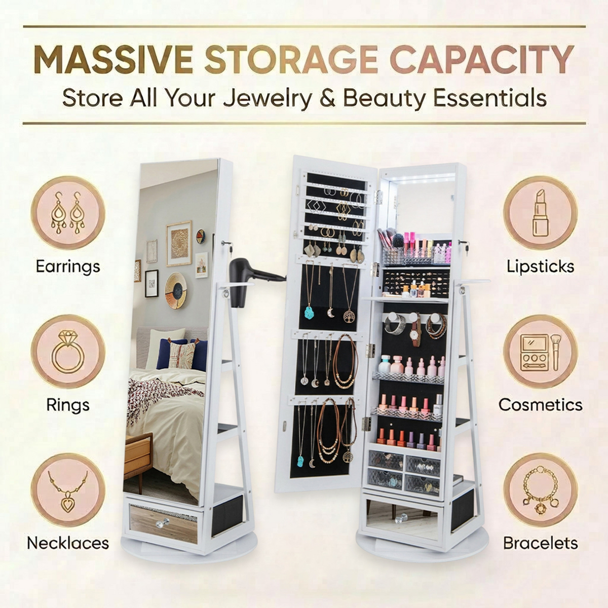 360 Degree Swivel Jewelry Cabinet with Full Length Mirror Furniture