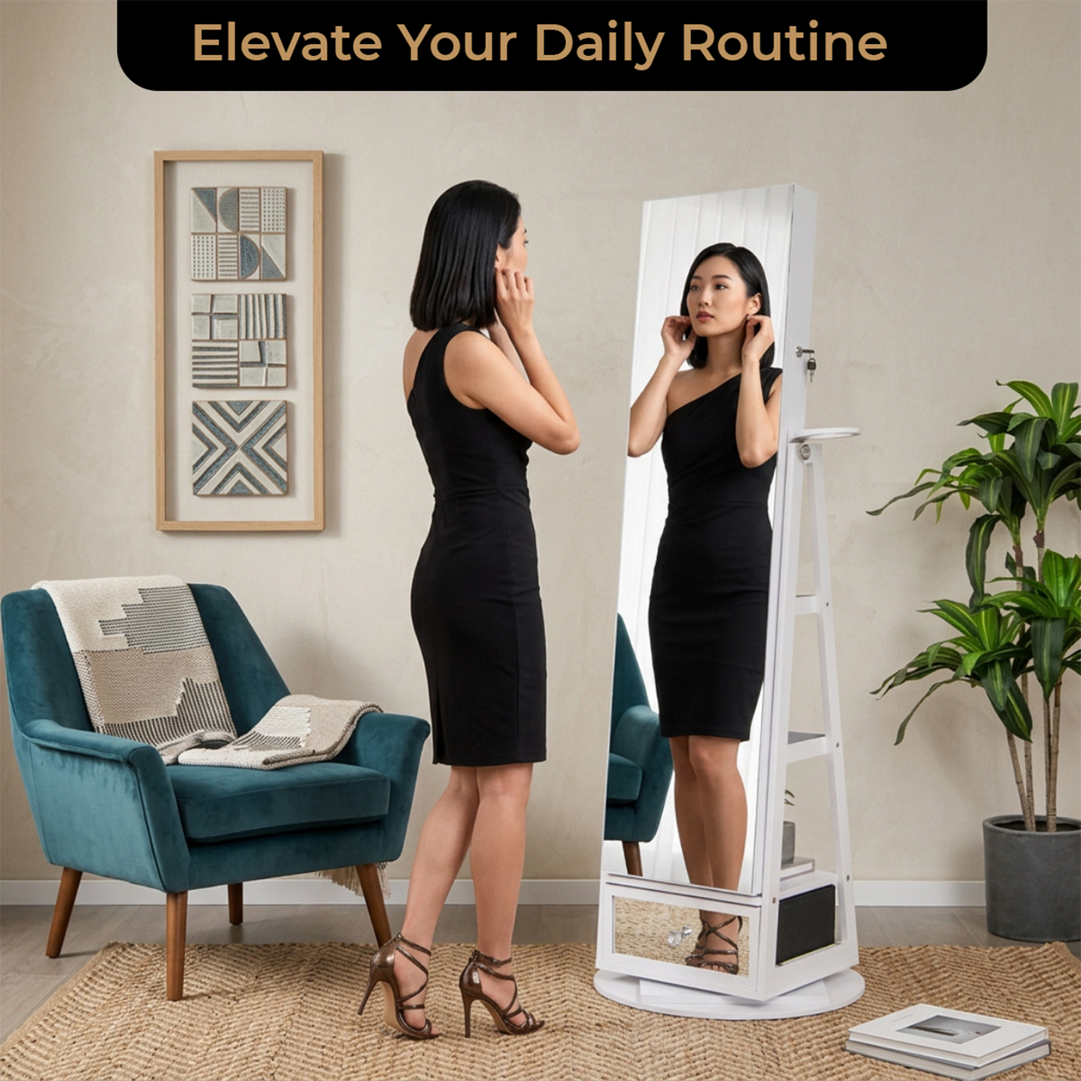 360 Degree Swivel Jewelry Cabinet with Full Length Mirror Furniture