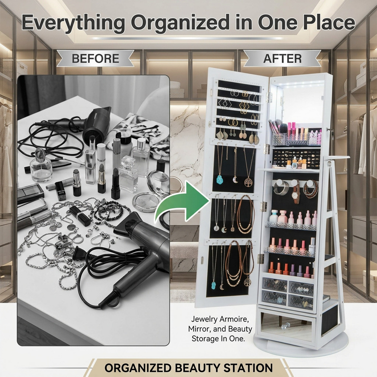 360 Degree Swivel Jewelry Cabinet with Full Length Mirror Furniture
