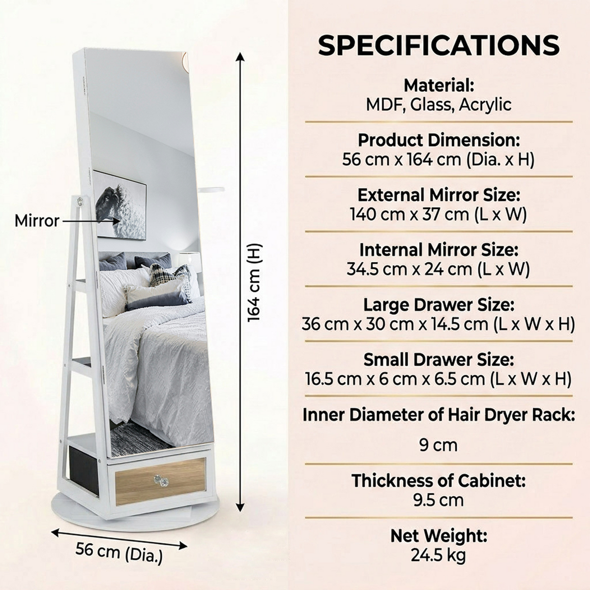 360 Degree Swivel Jewelry Cabinet with Full Length Mirror Furniture