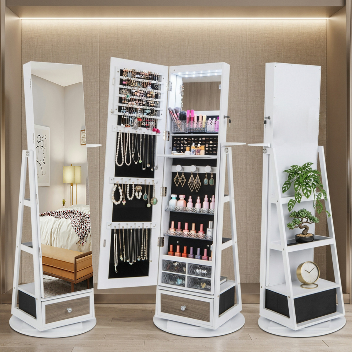 360 Degree Swivel Jewelry Cabinet with Full Length Mirror Furniture