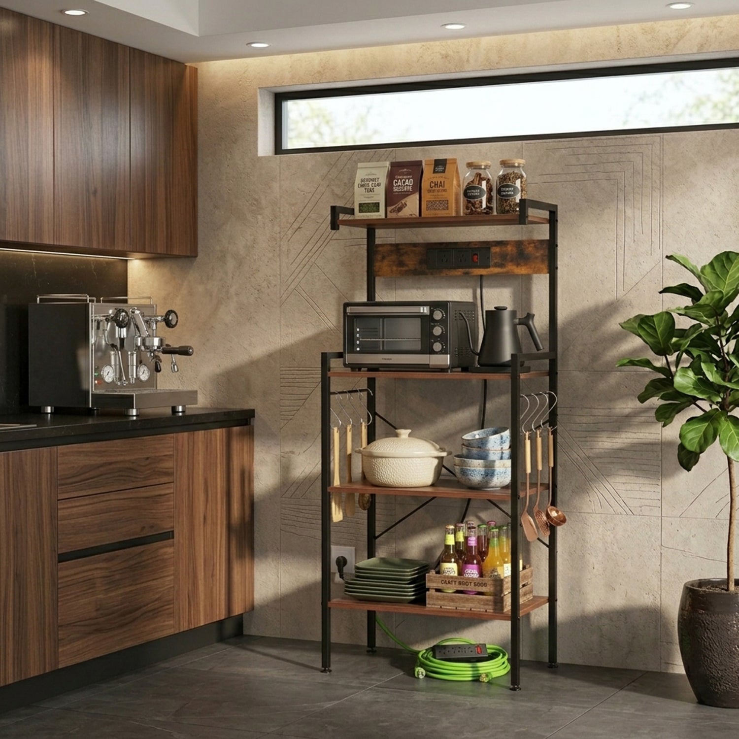 4 Tier Kitchen Bakers Rack with Power Outlet 8 S Hooks Storage Furniture