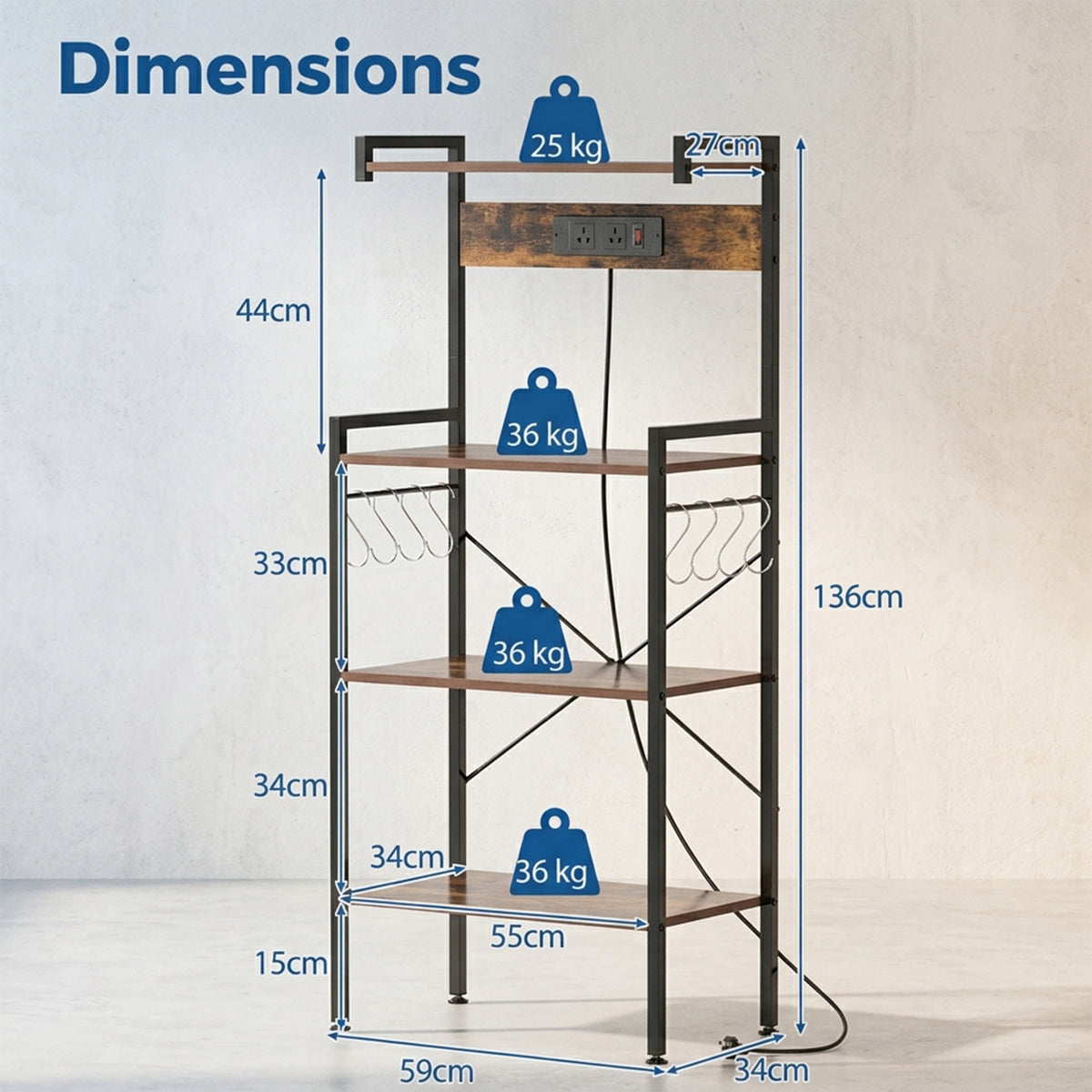 4 Tier Kitchen Bakers Rack with Power Outlet 8 S Hooks Storage Furniture