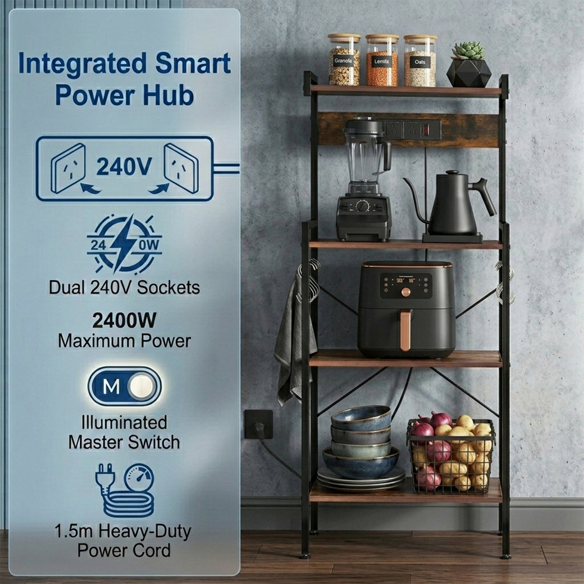 4 Tier Kitchen Bakers Rack with Power Outlet 8 S Hooks Storage Furniture