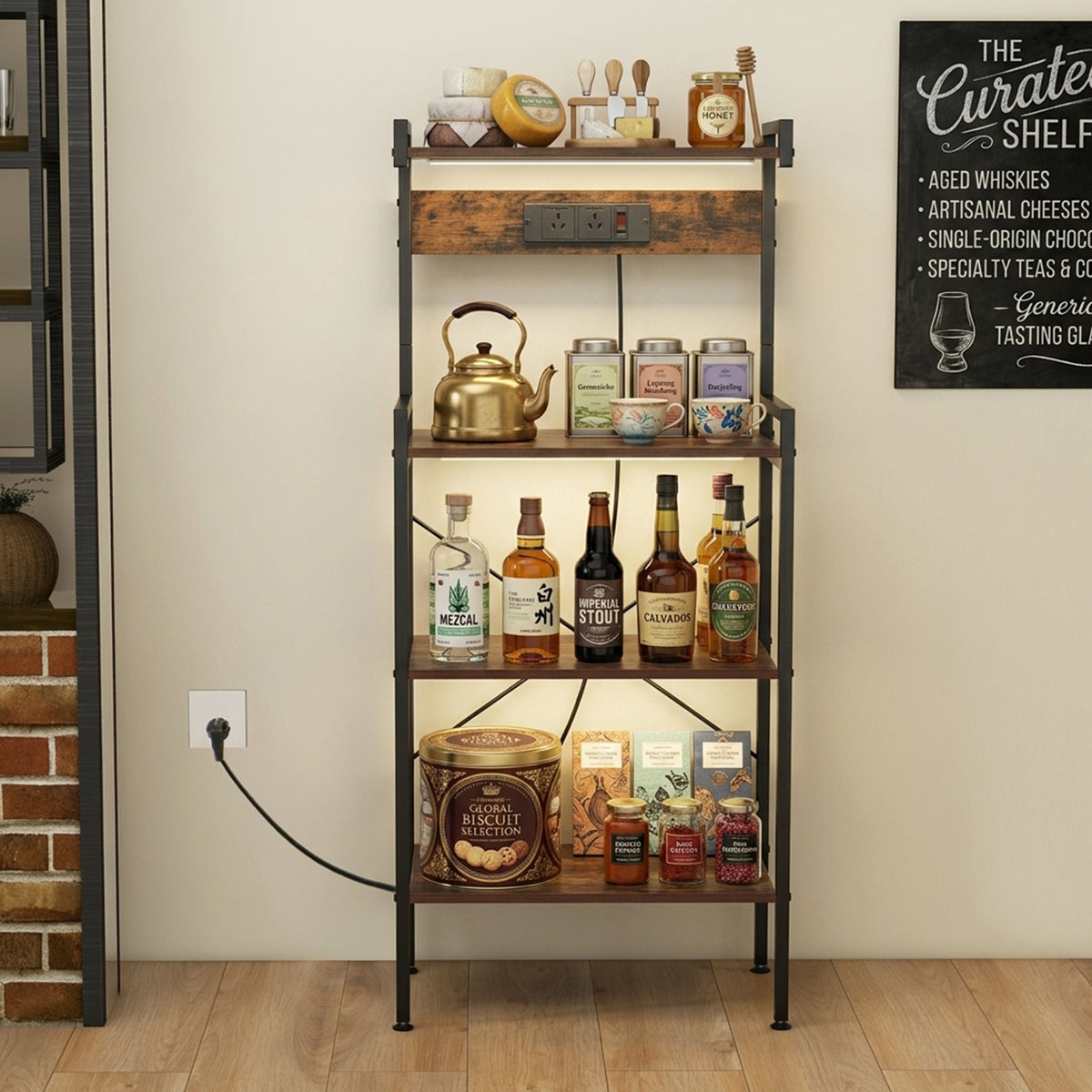 4 Tier Kitchen Bakers Rack with Power Outlet 8 S Hooks Storage Furniture