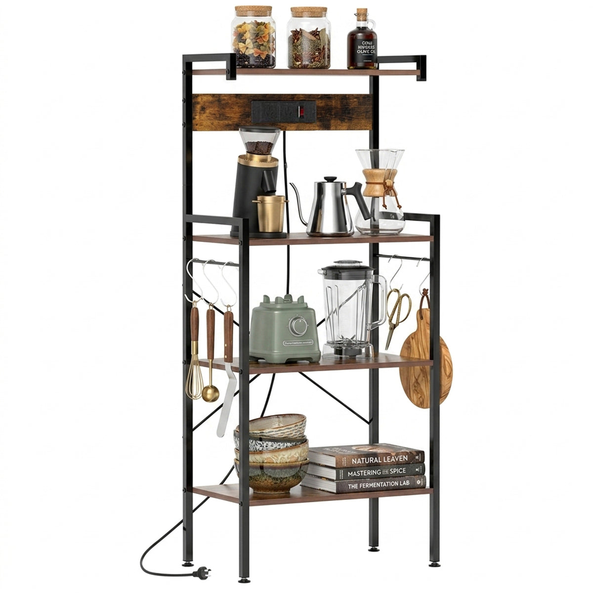 4 Tier Kitchen Bakers Rack with Power Outlet 8 S Hooks Storage Furniture