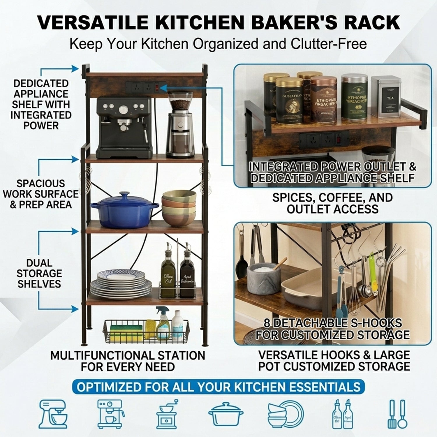 4 Tier Kitchen Bakers Rack with Power Outlet 8 S Hooks Storage Furniture