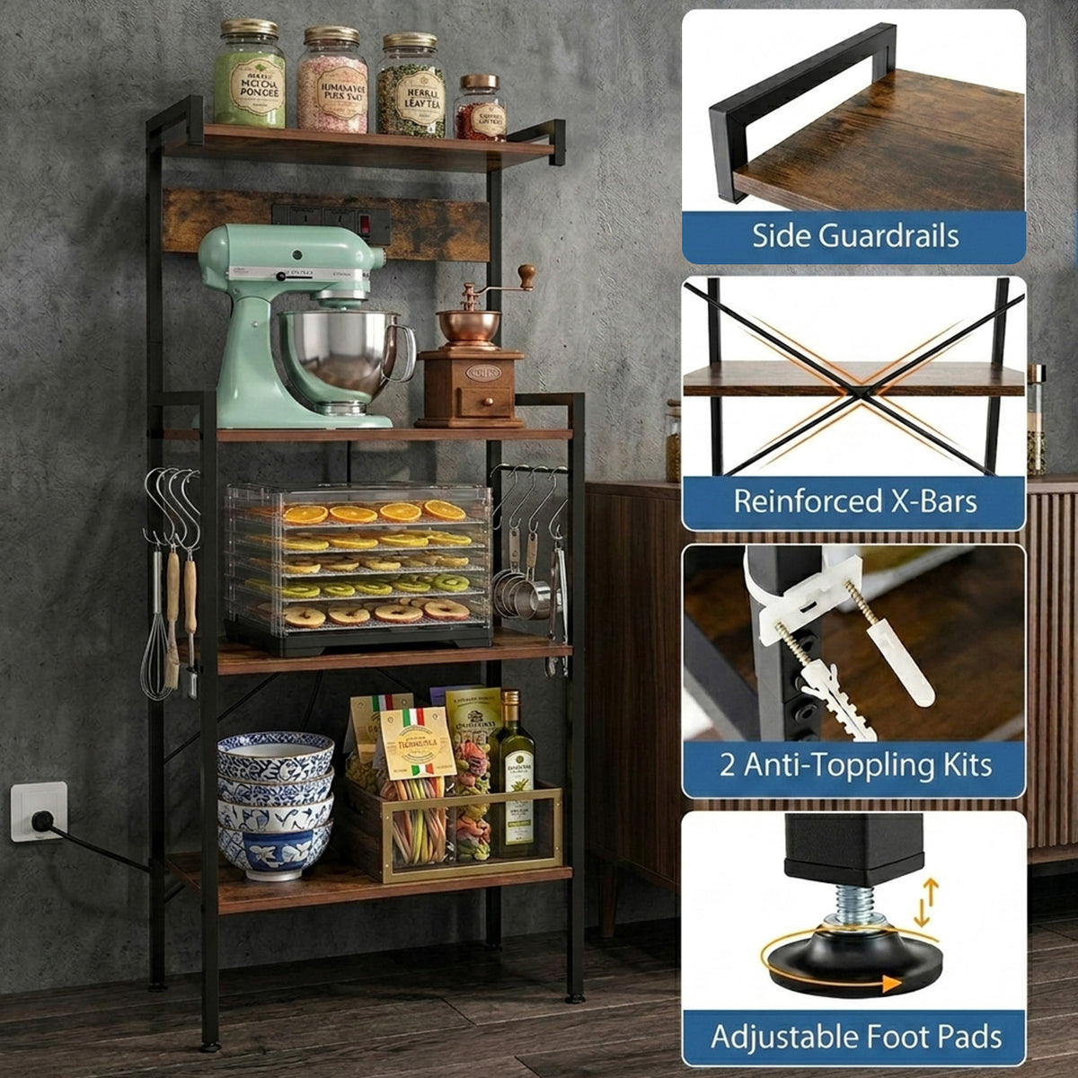 4 Tier Kitchen Bakers Rack with Power Outlet 8 S Hooks Storage Furniture