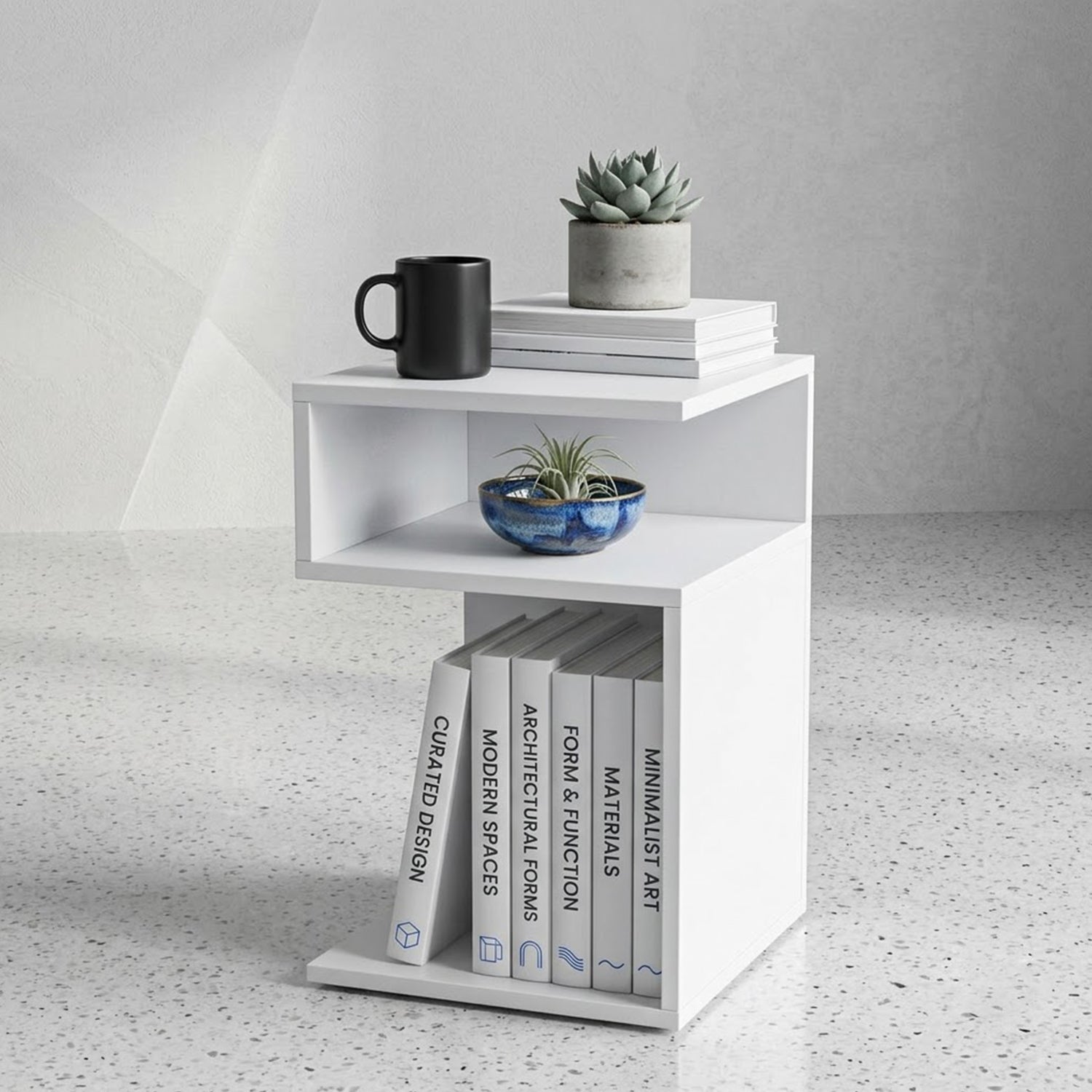 S Shaped Side Table Small Space Nightstand with 2 Open Compartments White
