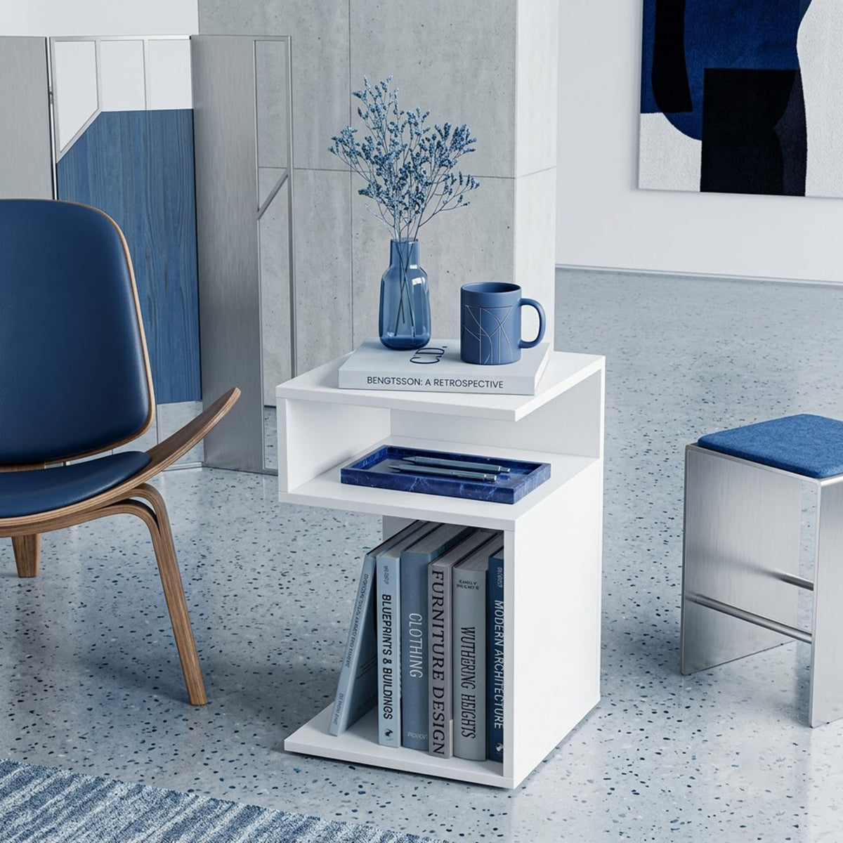 S Shaped Side Table Small Space Nightstand with 2 Open Compartments White