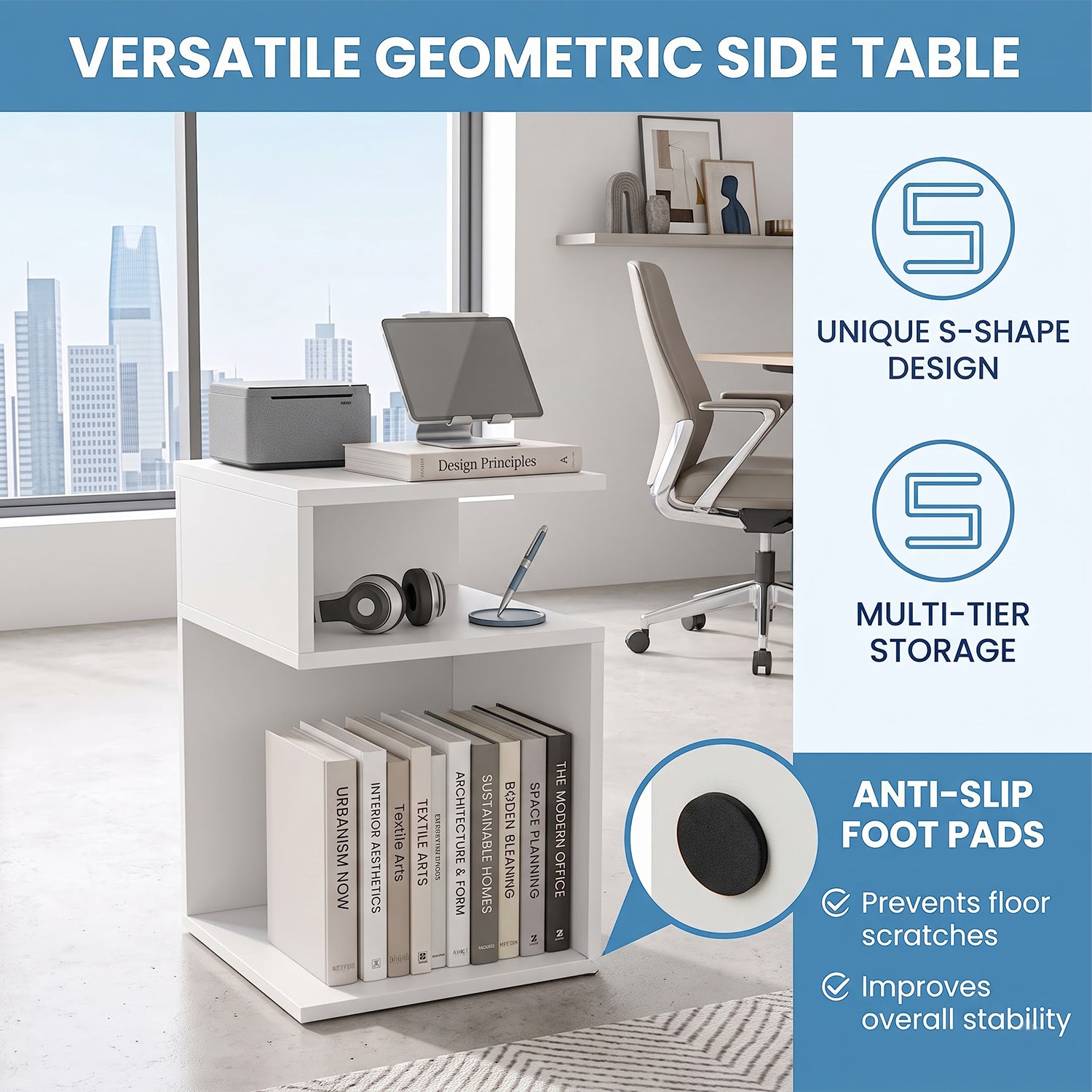 S Shaped Side Table Small Space Nightstand with 2 Open Compartments White