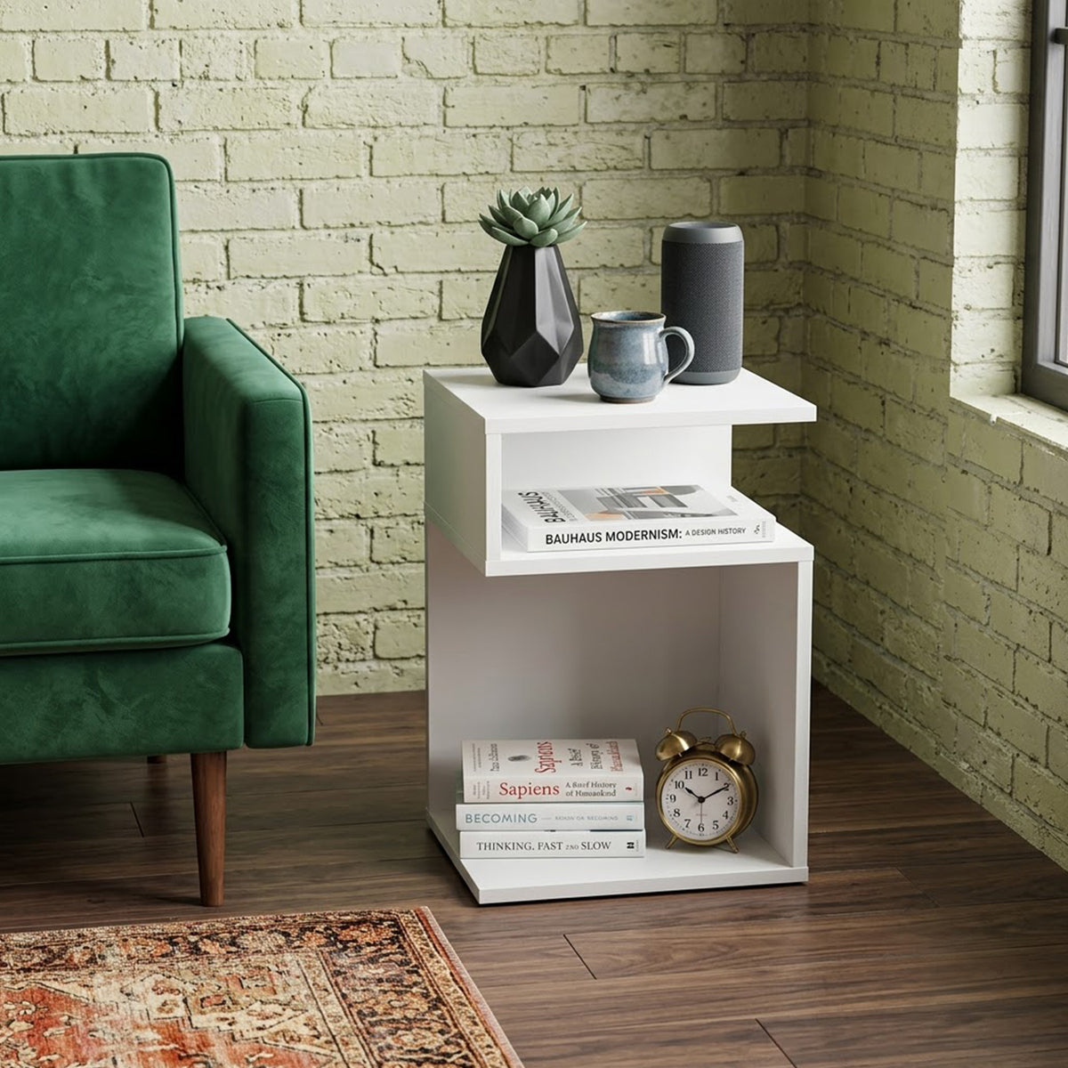 S Shaped Side Table Small Space Nightstand with 2 Open Compartments White