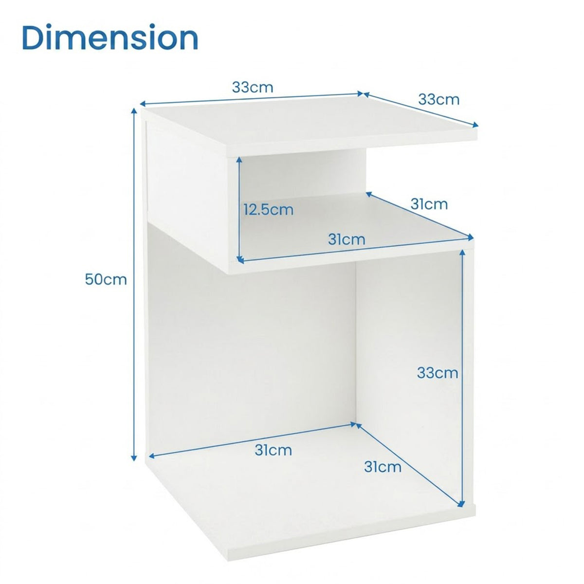 S Shaped Side Table Small Space Nightstand with 2 Open Compartments White