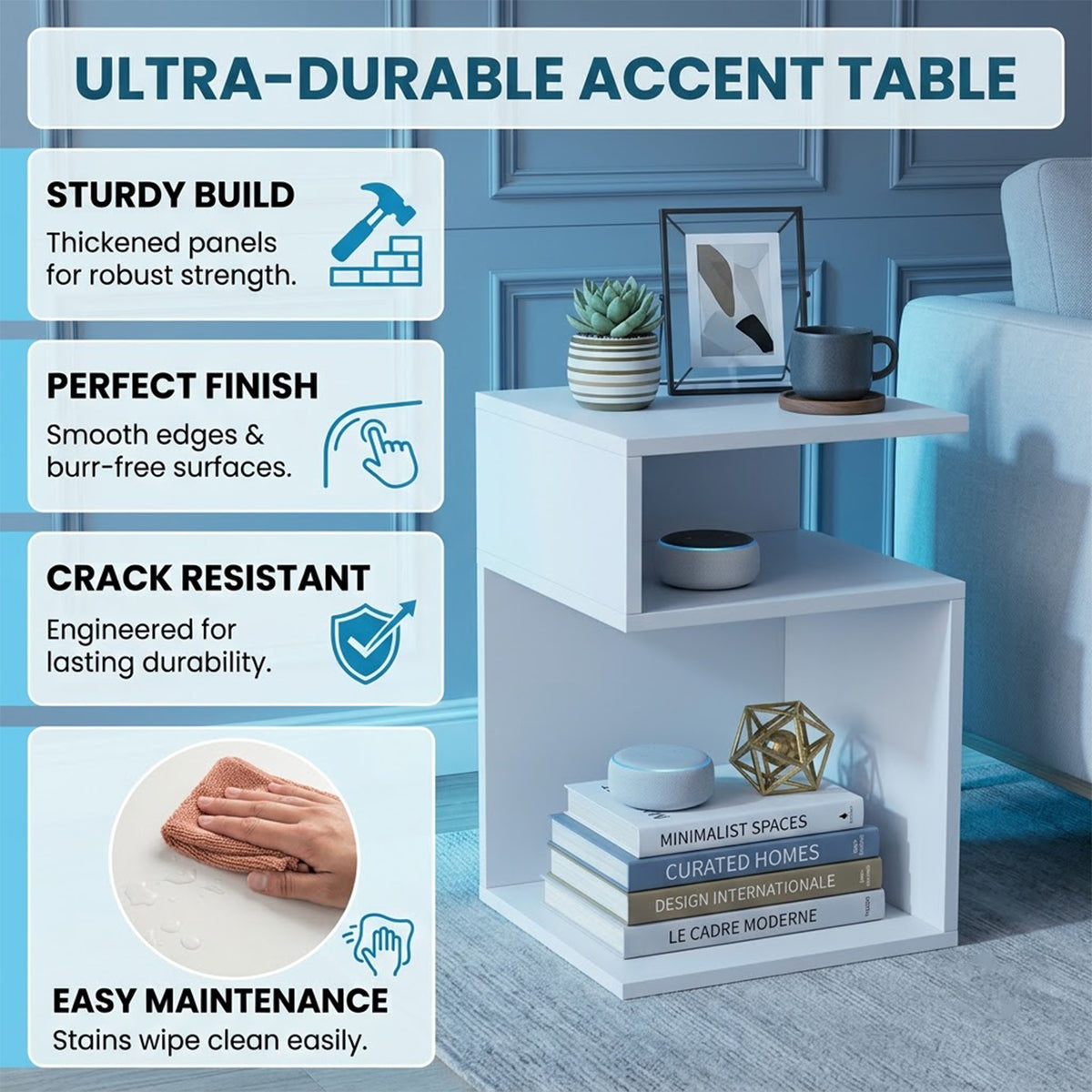 S Shaped Side Table Small Space Nightstand with 2 Open Compartments White