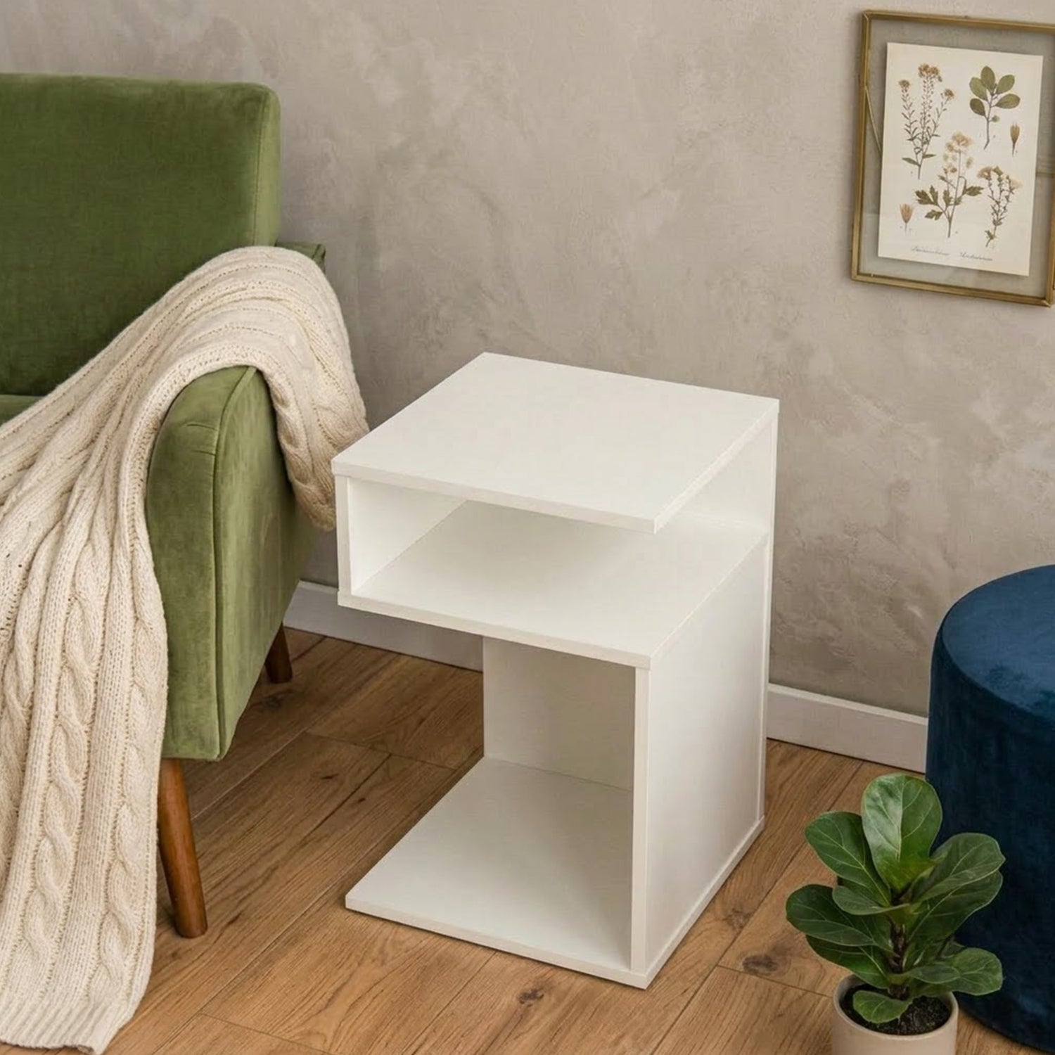 S Shaped Side Table Small Space Nightstand with 2 Open Compartments White
