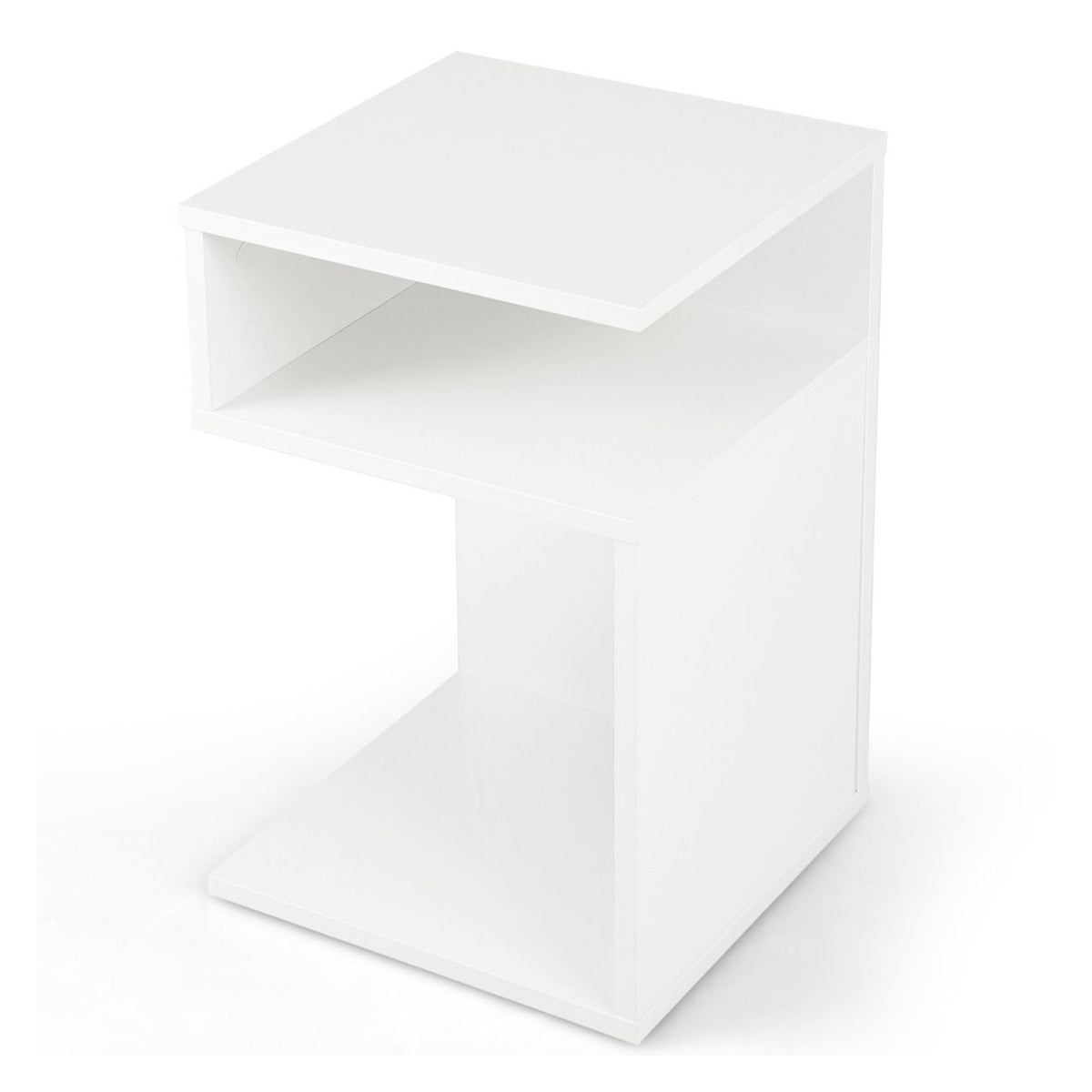 S Shaped Side Table Small Space Nightstand with 2 Open Compartments White