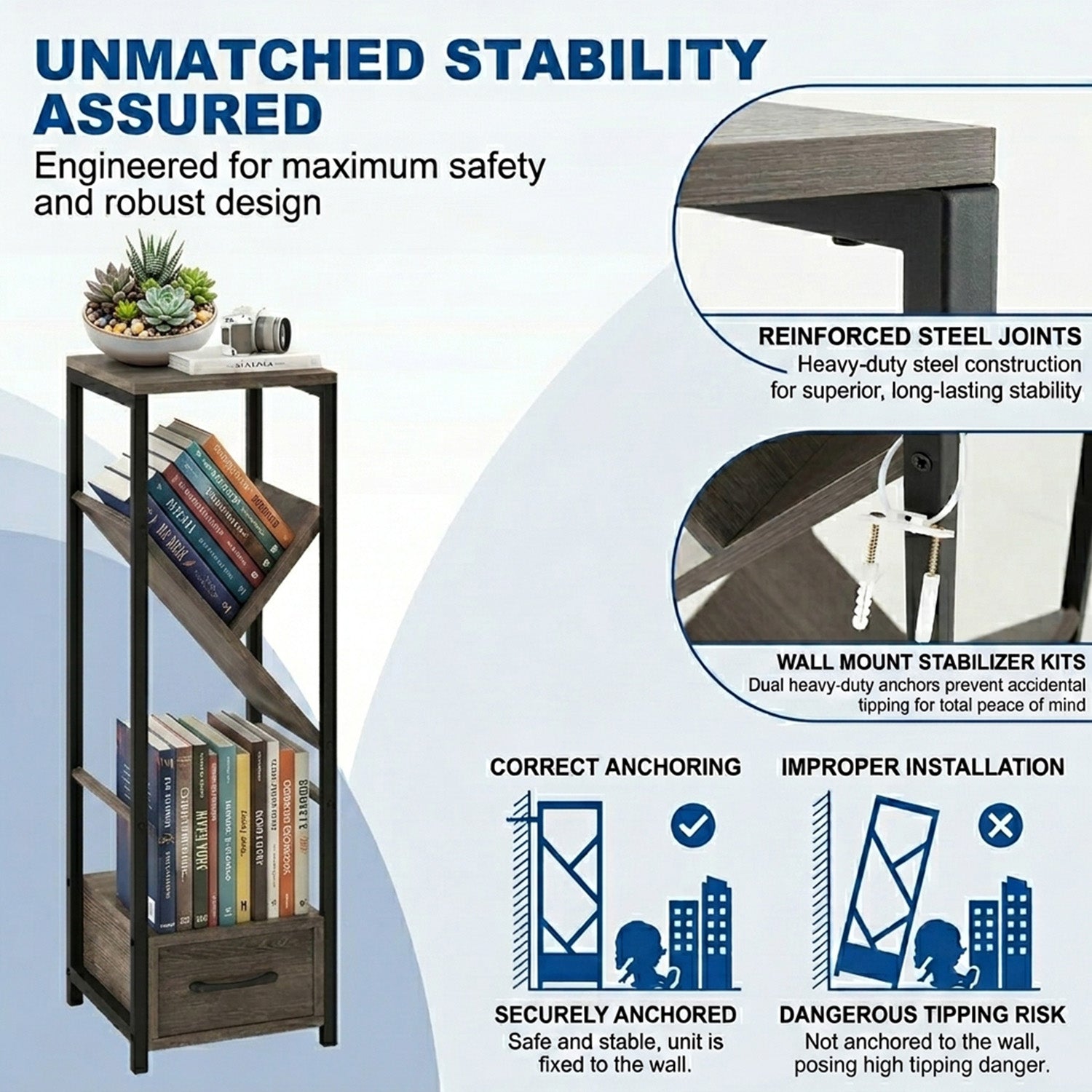 4 Tier Floor Standing Tree Bookshelf with Drawer Storage Furniture Home