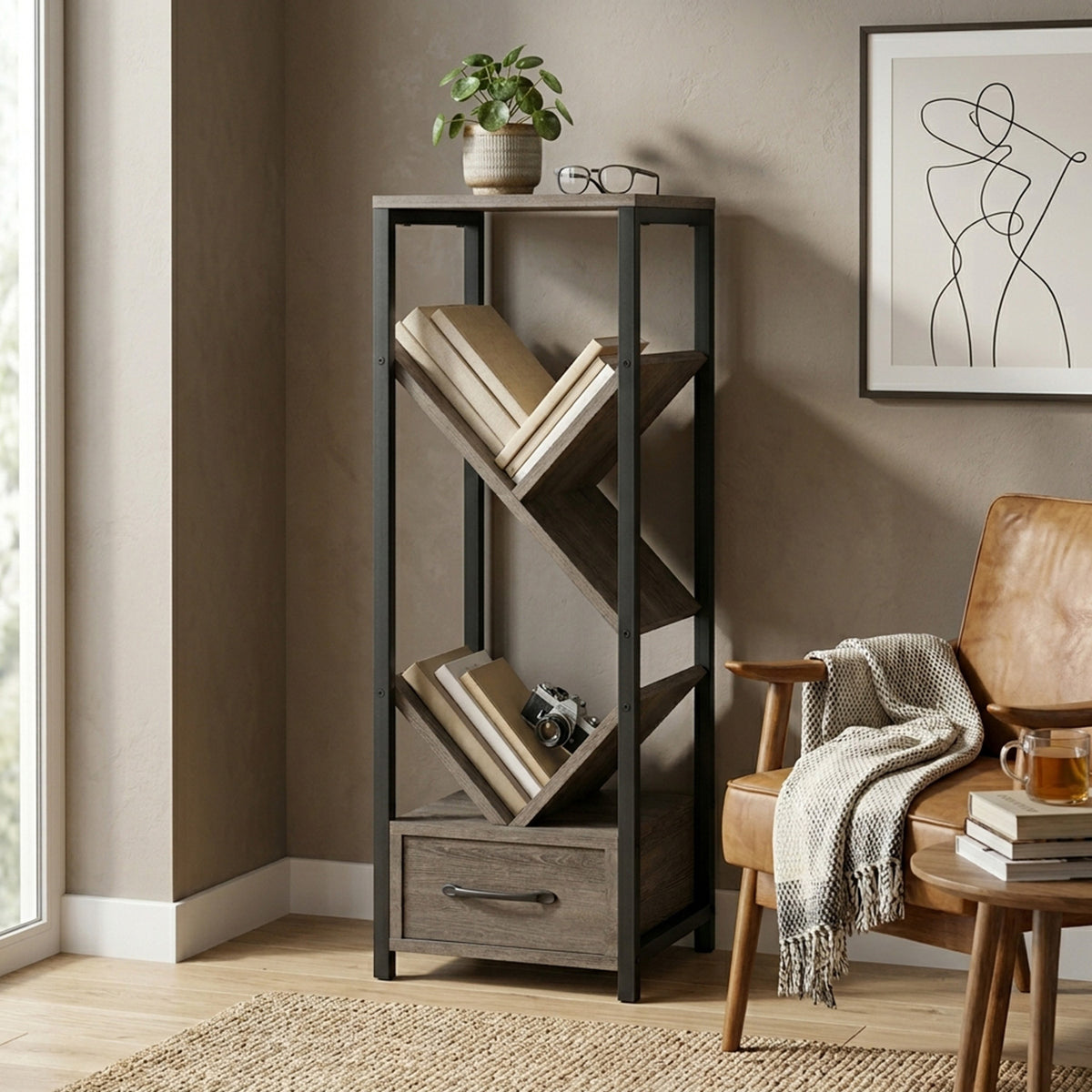 4 Tier Floor Standing Tree Bookshelf with Drawer Storage Furniture Home
