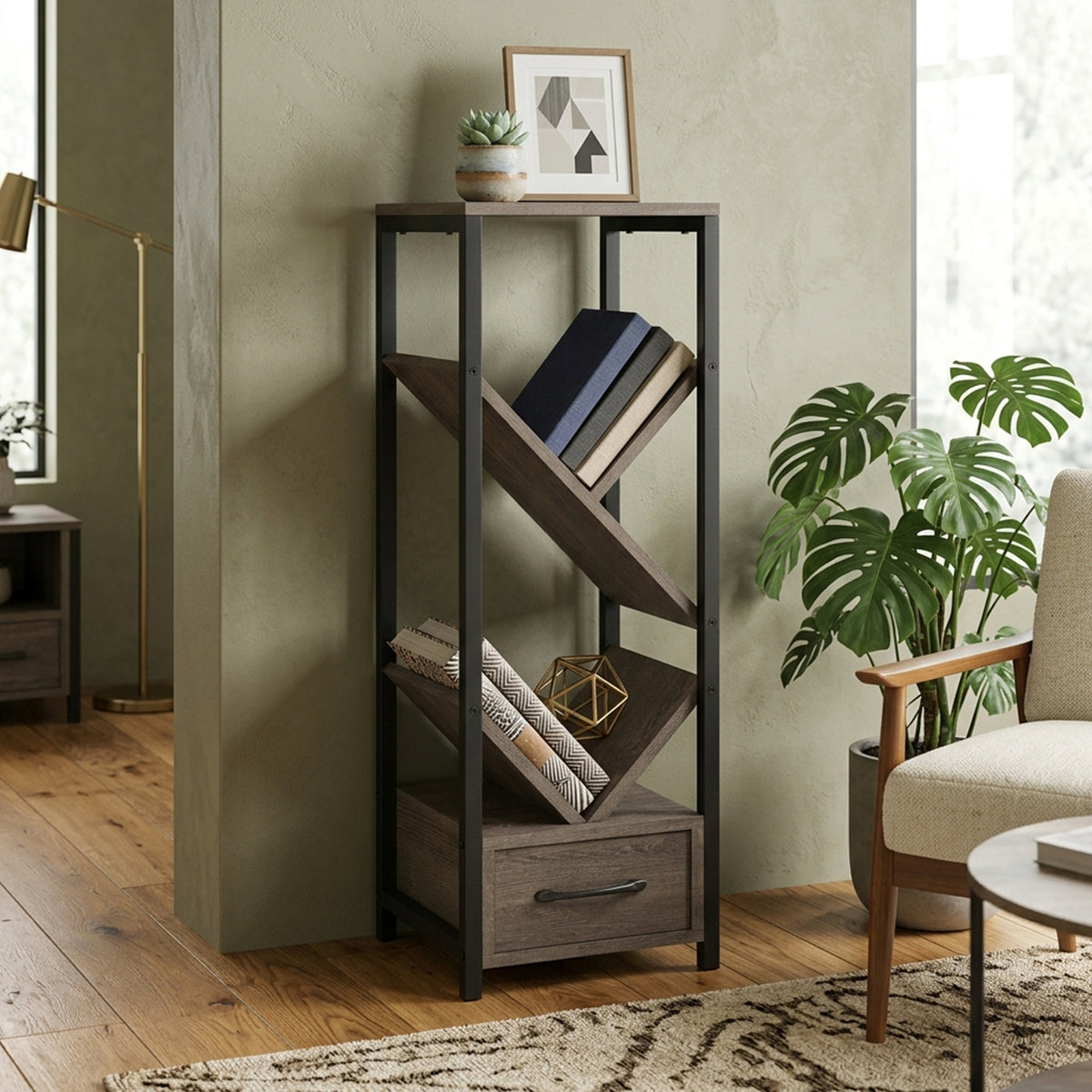 4 Tier Floor Standing Tree Bookshelf with Drawer Storage Furniture Home