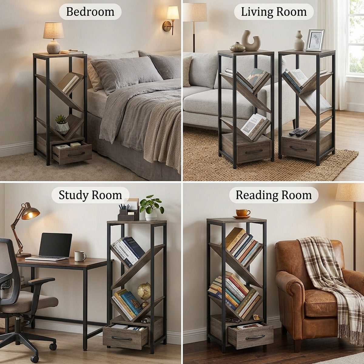4 Tier Floor Standing Tree Bookshelf with Drawer Storage Furniture Home