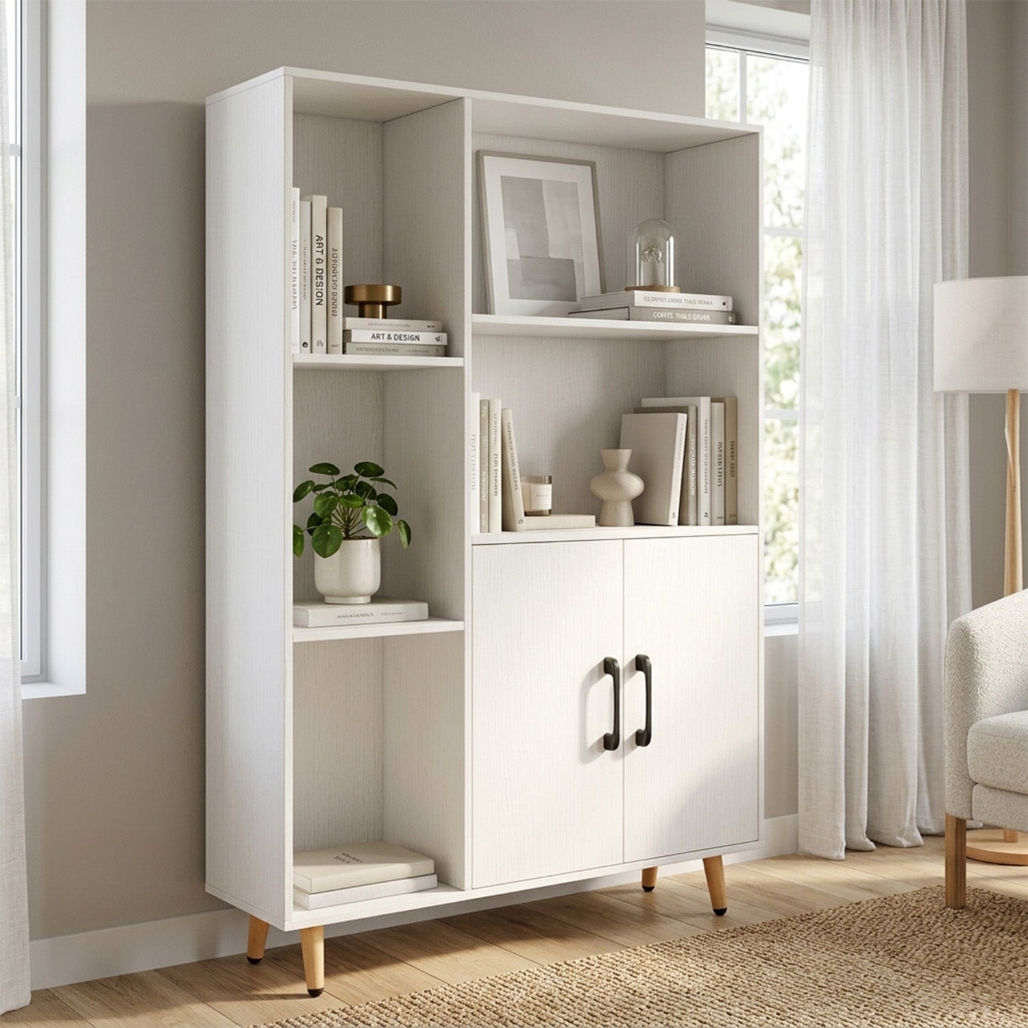 119cm Floor Bookshelf Bookcase with Double Doors 5 Open Compartments Home
