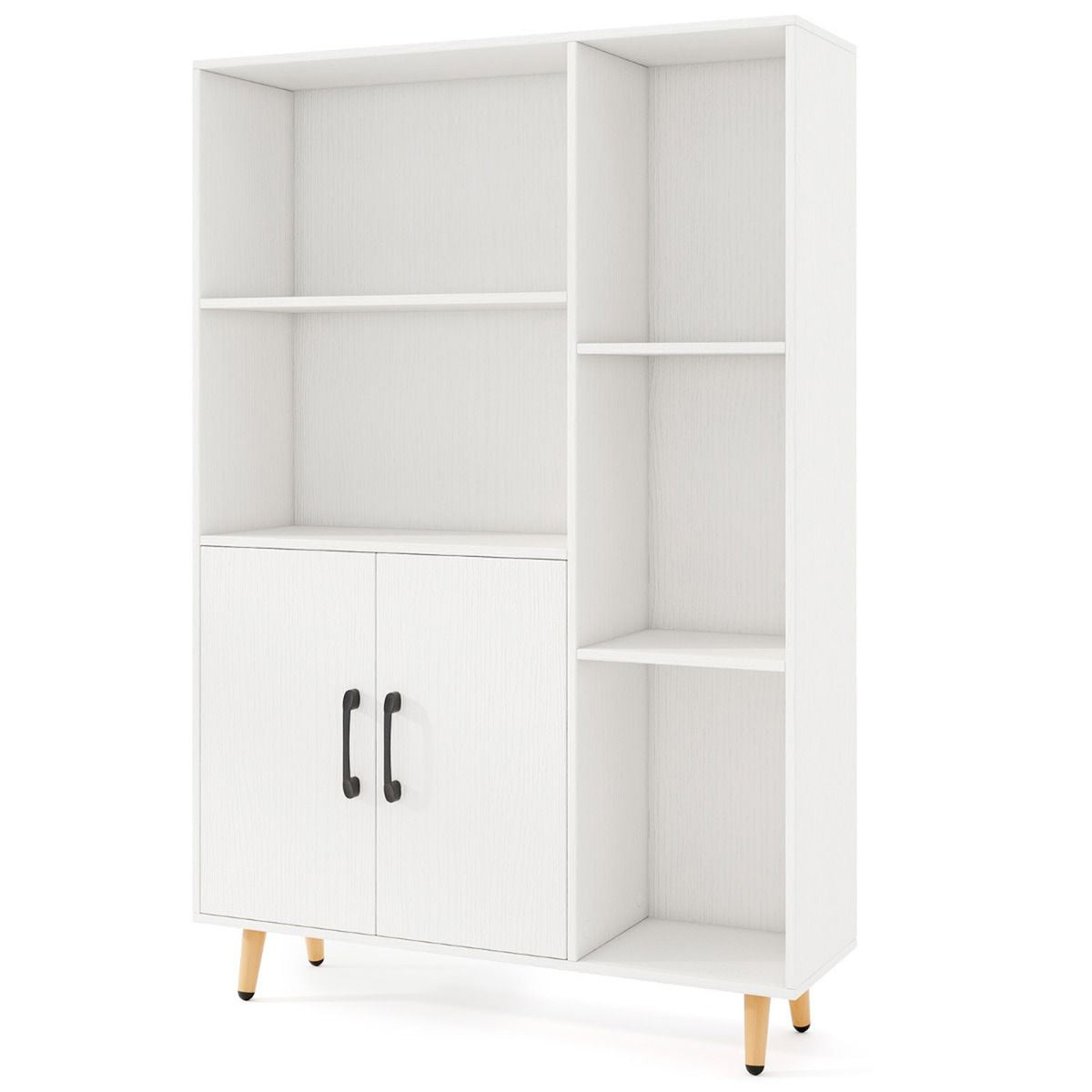 119cm Floor Bookshelf Bookcase with Double Doors 5 Open Compartments Home