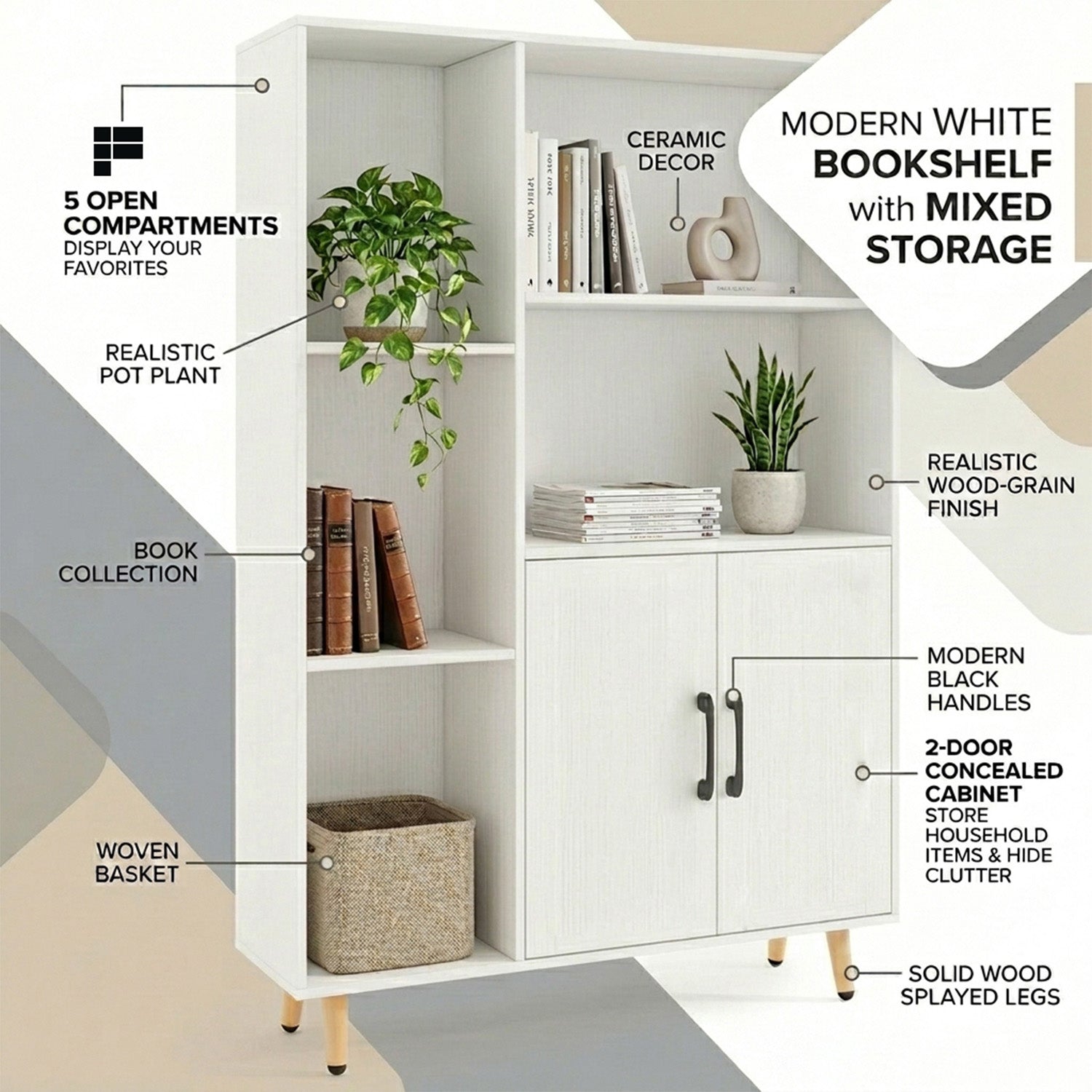 119cm Floor Bookshelf Bookcase with Double Doors 5 Open Compartments Home