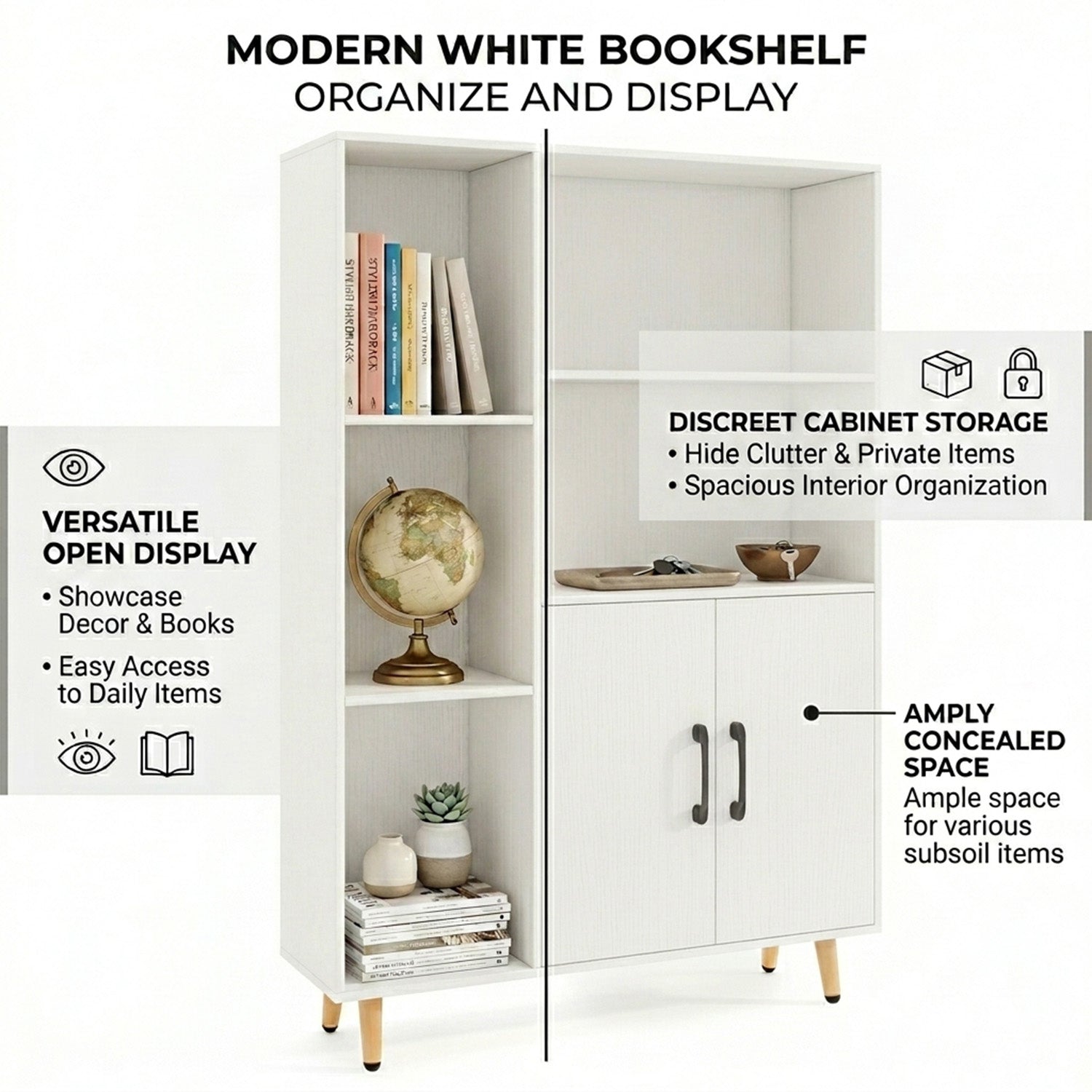119cm Floor Bookshelf Bookcase with Double Doors 5 Open Compartments Home