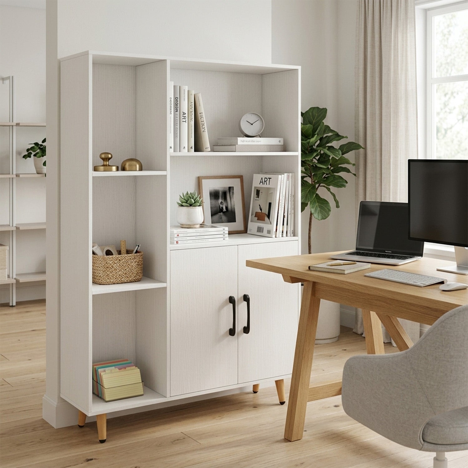 119cm Floor Bookshelf Bookcase with Double Doors 5 Open Compartments Home