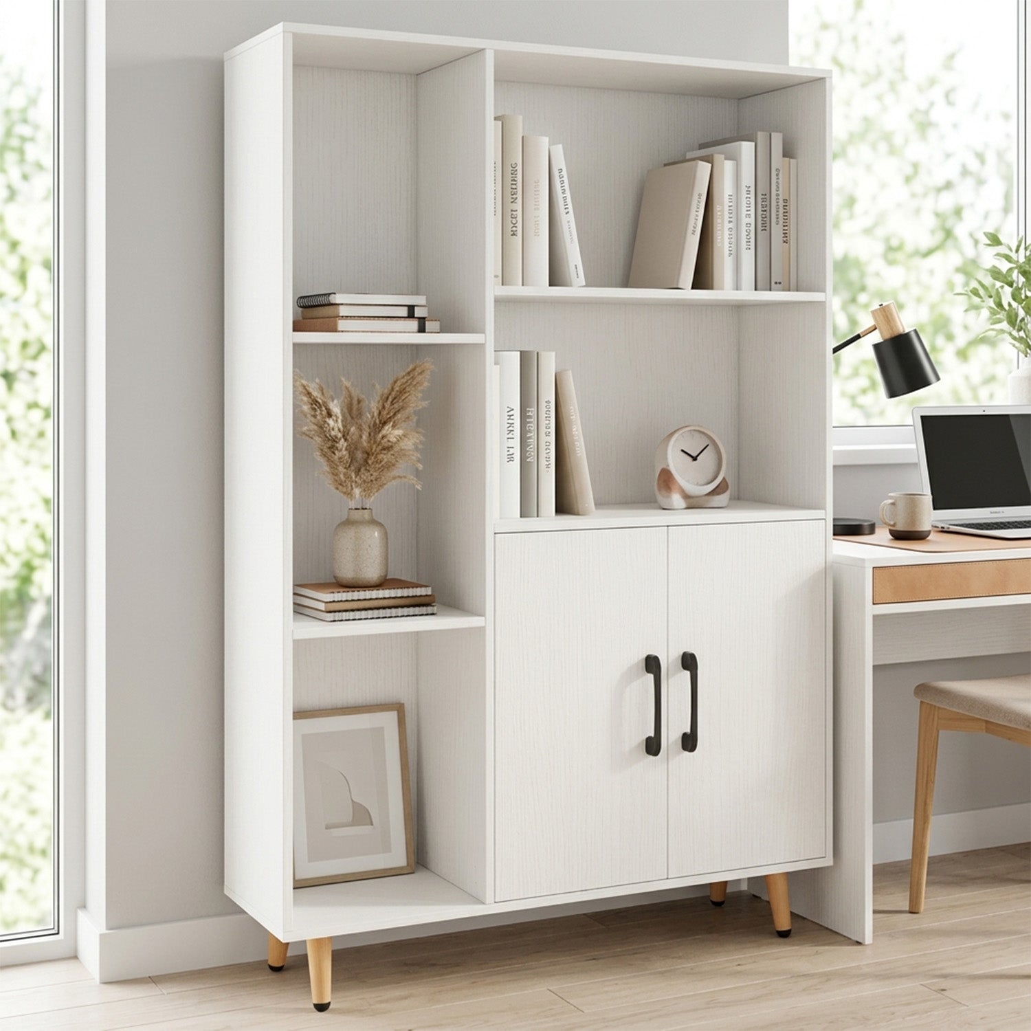 119cm Floor Bookshelf Bookcase with Double Doors 5 Open Compartments Home