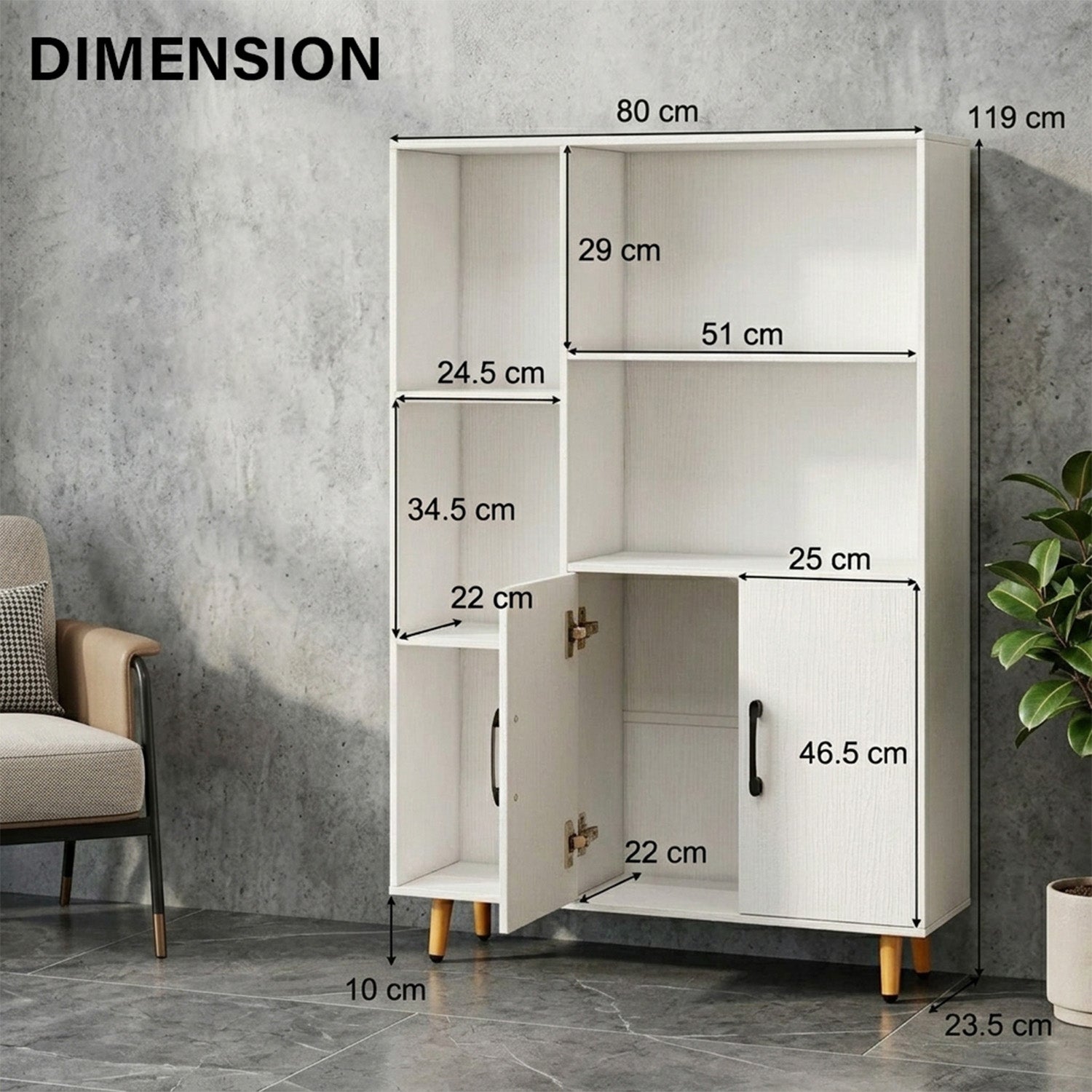 119cm Floor Bookshelf Bookcase with Double Doors 5 Open Compartments Home