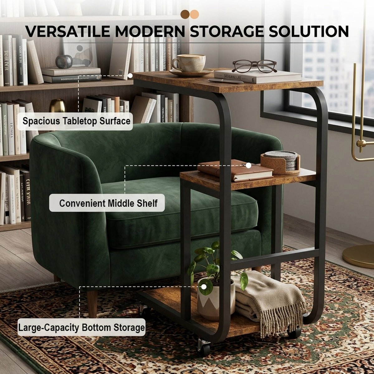 C Shaped Space Saving End Table Couch Table with Open Shelves Furniture