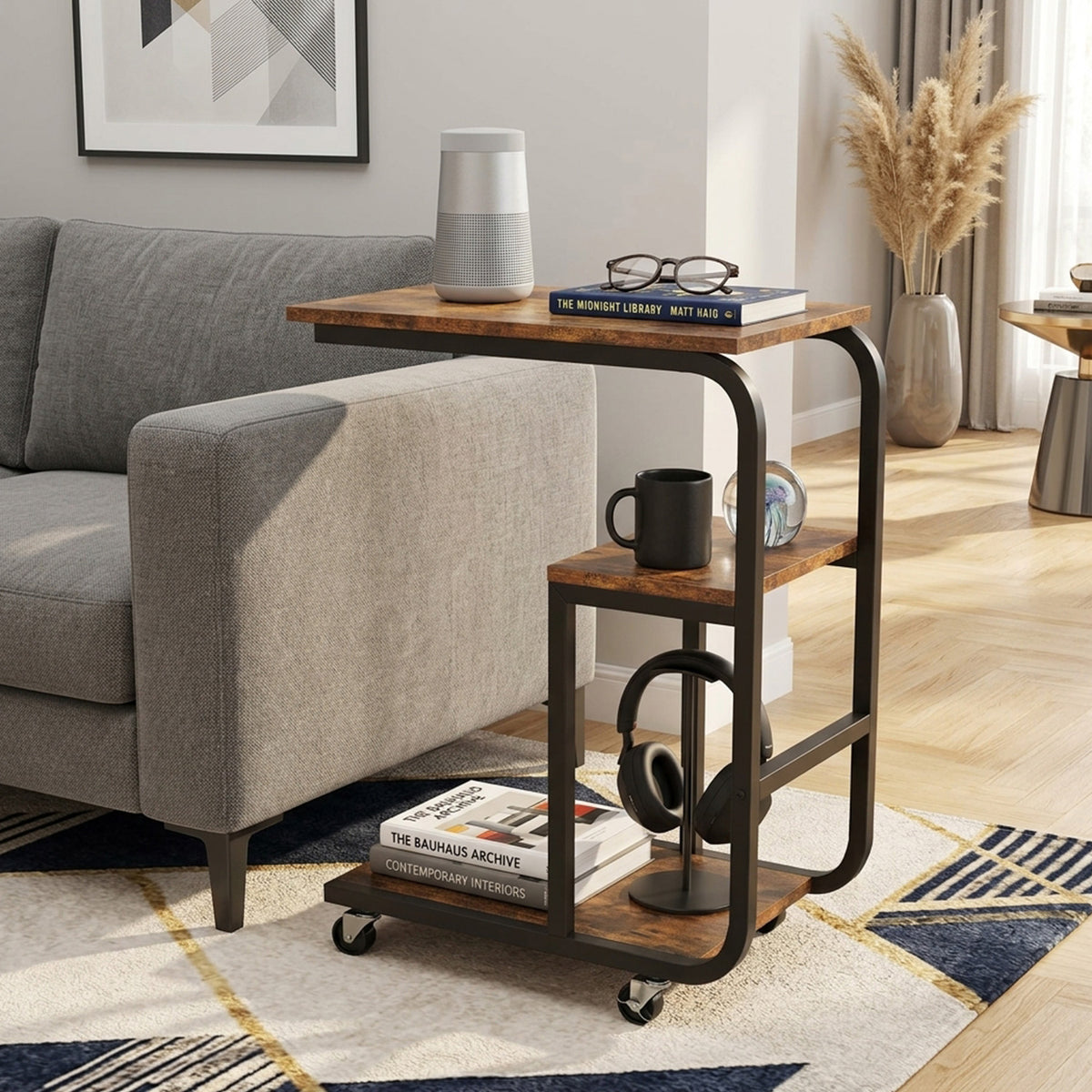 C Shaped Space Saving End Table Couch Table with Open Shelves Furniture