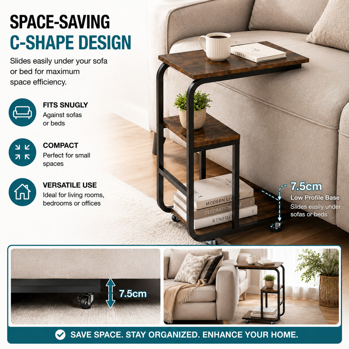 C Shaped Space Saving End Table Couch Table with Open Shelves Furniture