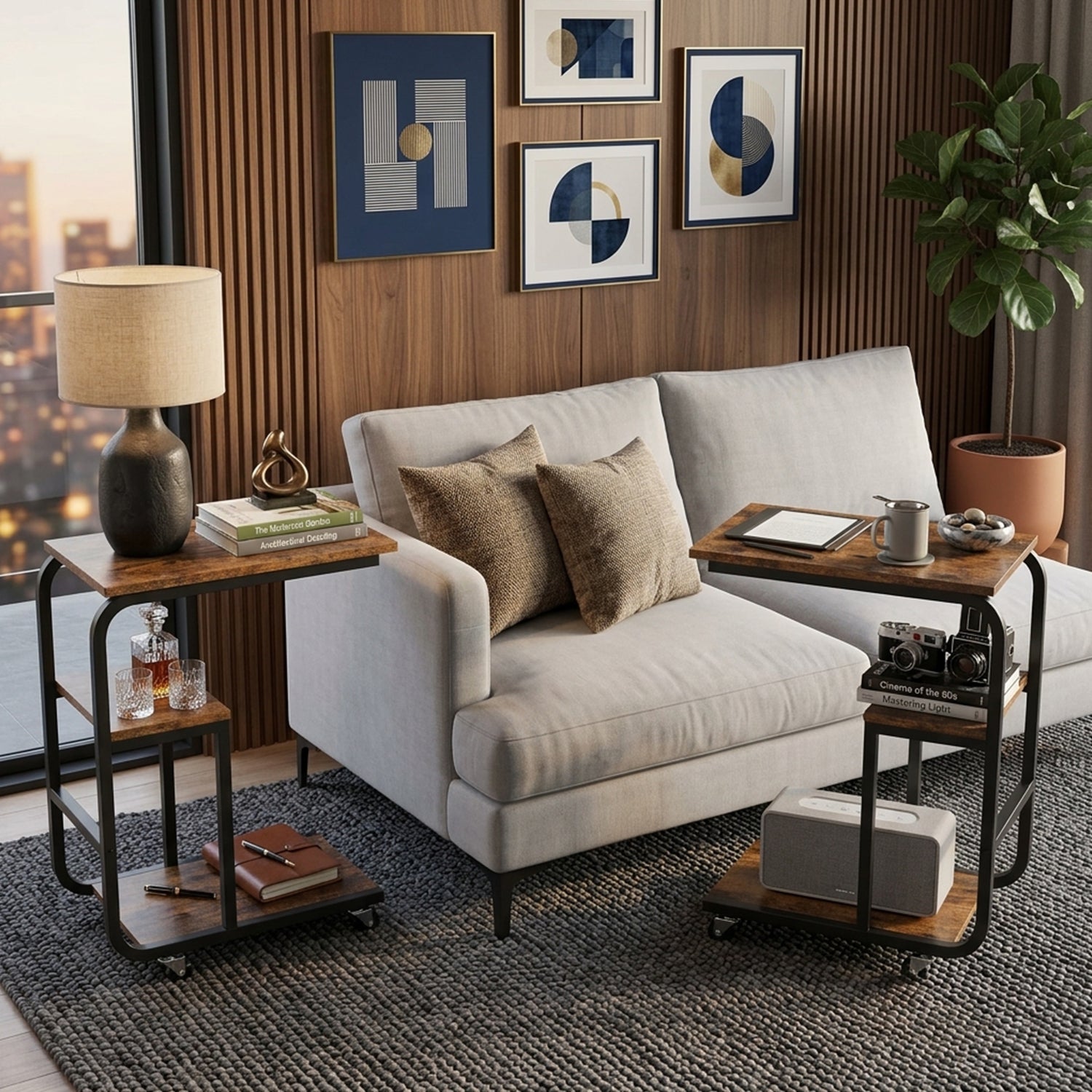 C Shaped Space Saving End Table Couch Table with Open Shelves Furniture