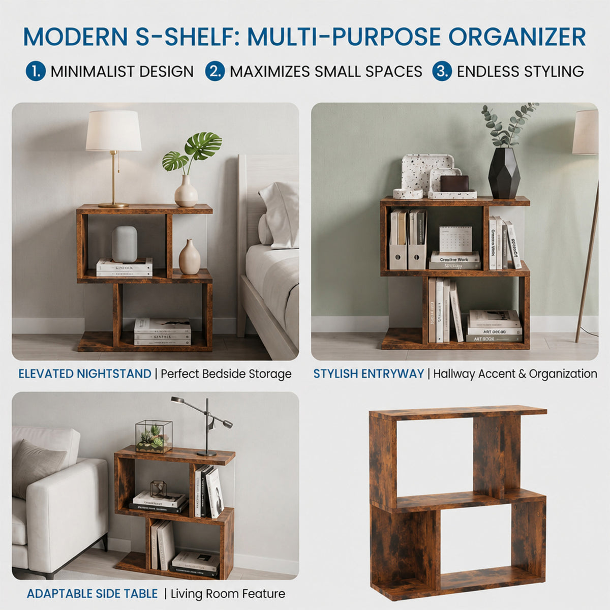 3 Tier Wooden Bookshelf Small Space Display Shelf Nightstand Side Table