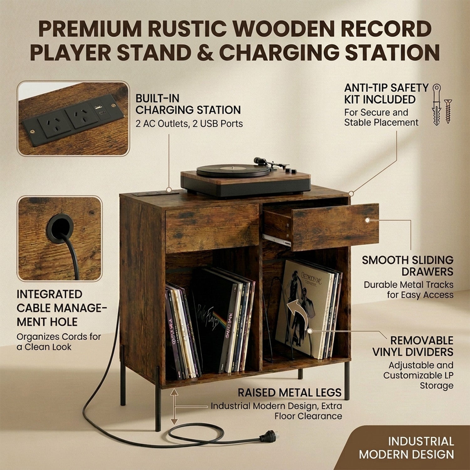 Record Player Stand with Power Outlets and Drawers Furniture Storage Home