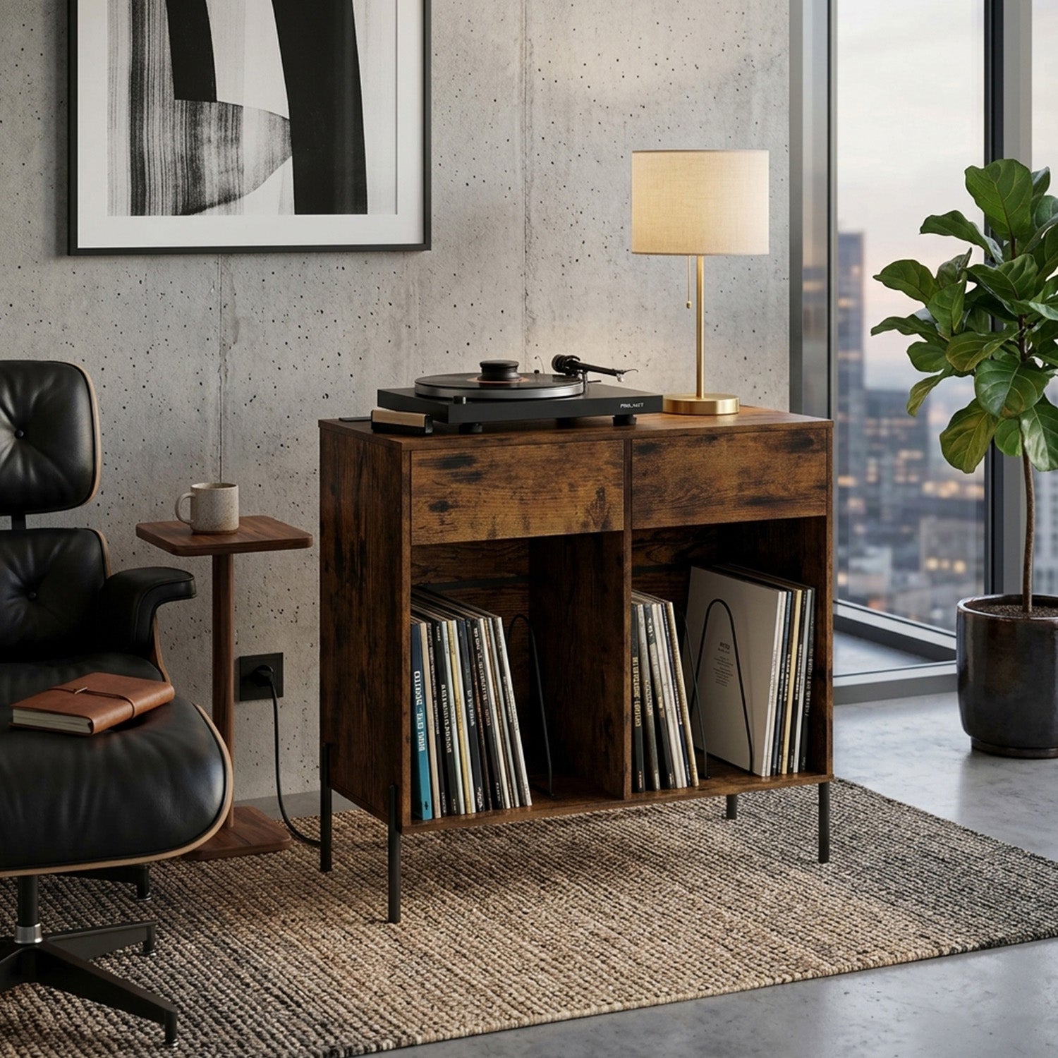 Record Player Stand with Power Outlets and Drawers Furniture Storage Home