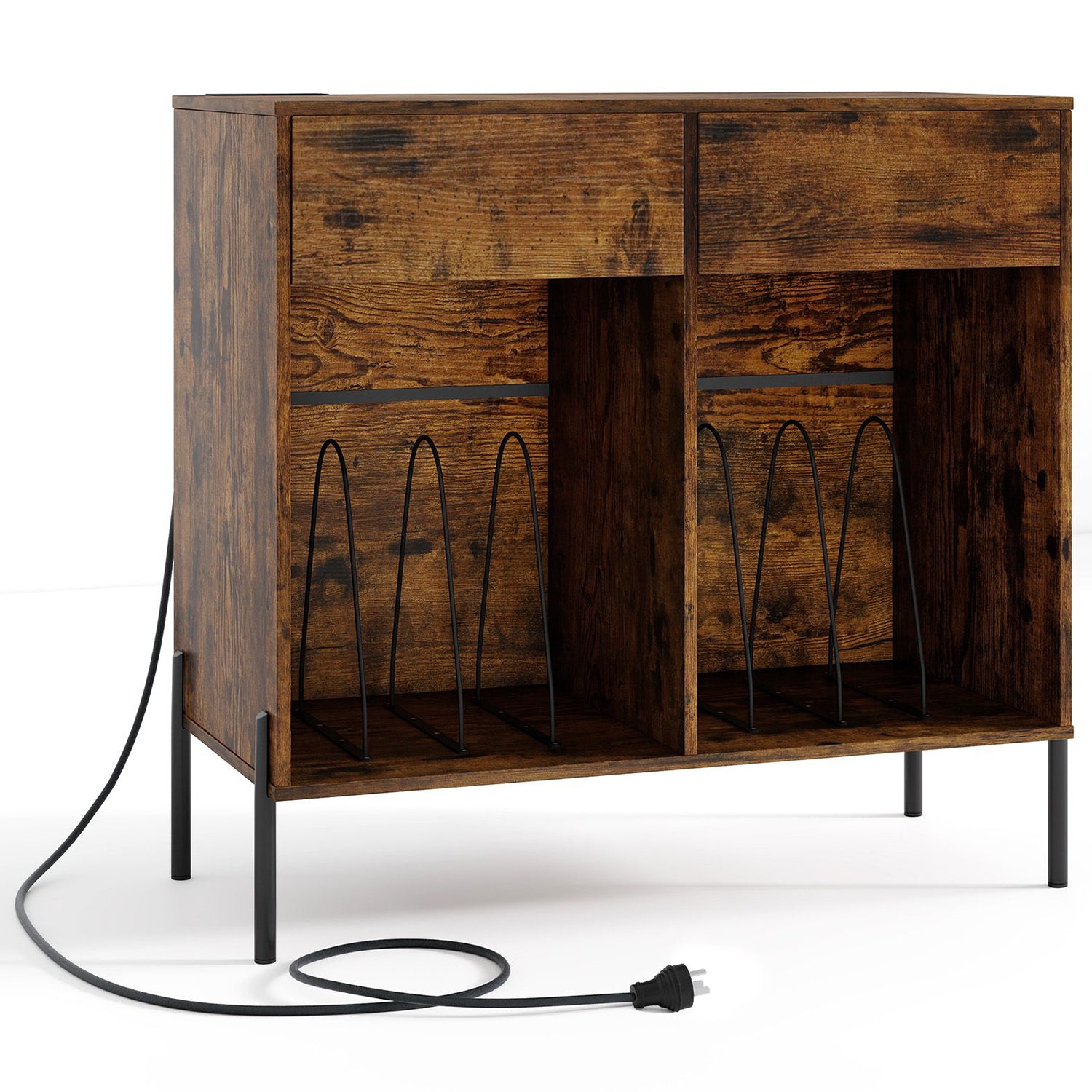 Record Player Stand with Power Outlets and Drawers Furniture Storage Home