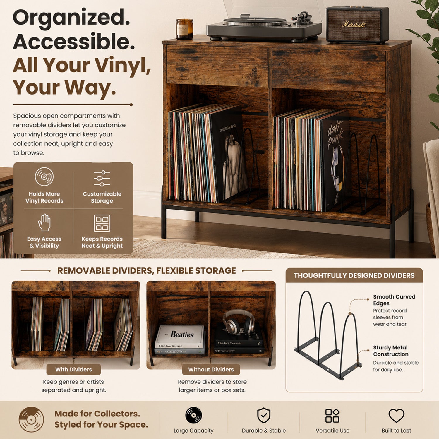Record Player Stand with Power Outlets and Drawers Furniture Storage Home