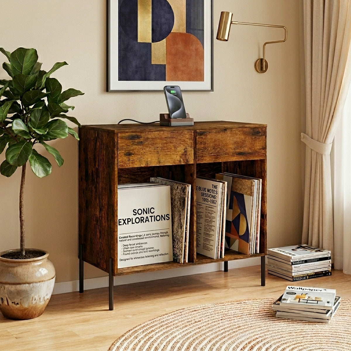 Record Player Stand with Power Outlets and Drawers Furniture Storage Home
