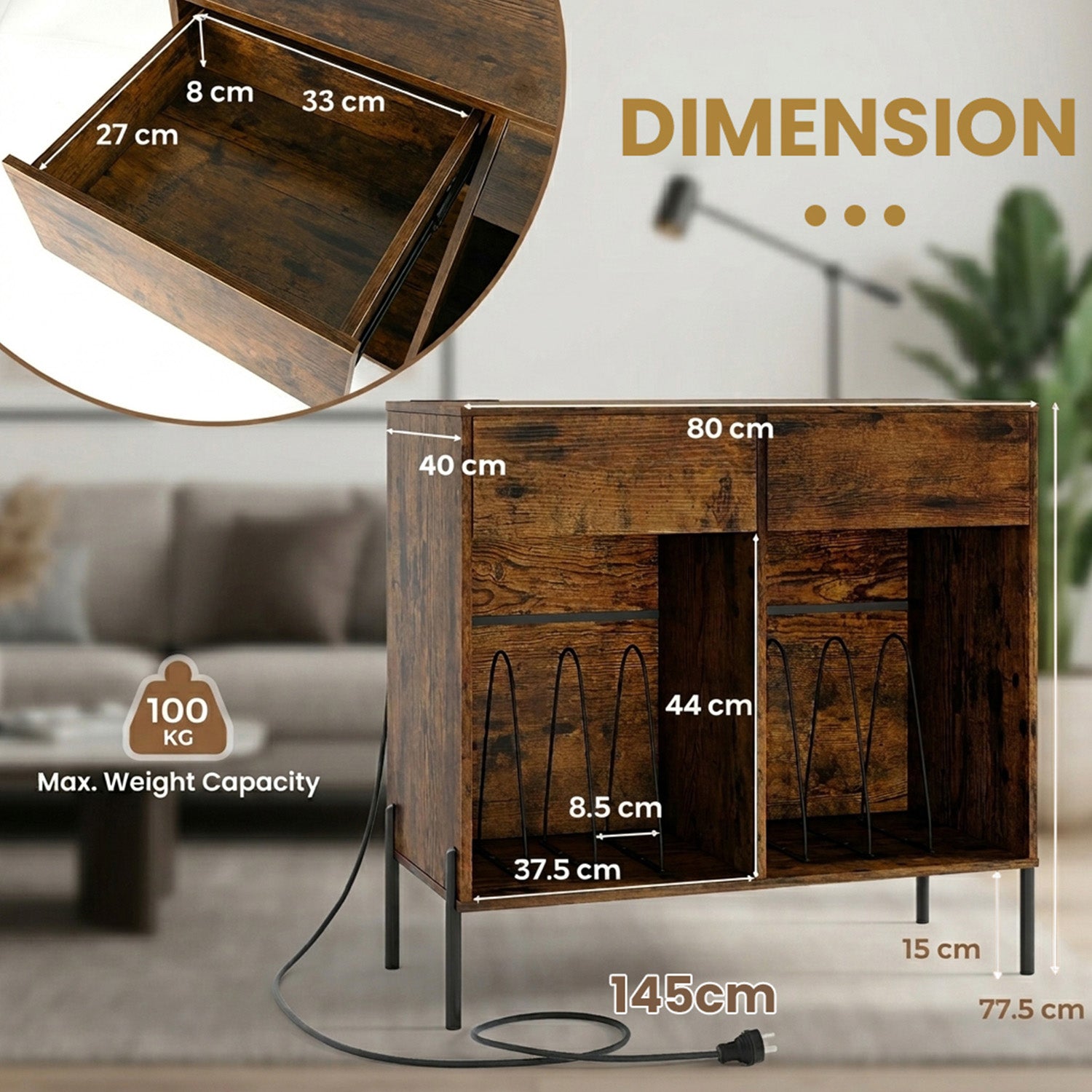 Record Player Stand with Power Outlets and Drawers Furniture Storage Home
