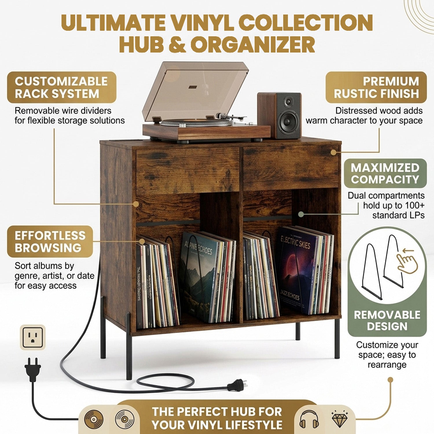 Record Player Stand with Power Outlets and Drawers Furniture Storage Home